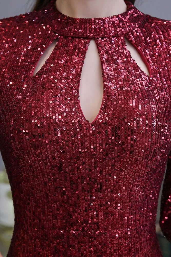 Glitter Half Sleeves Key hole Mermaid Party Dress Burgundy