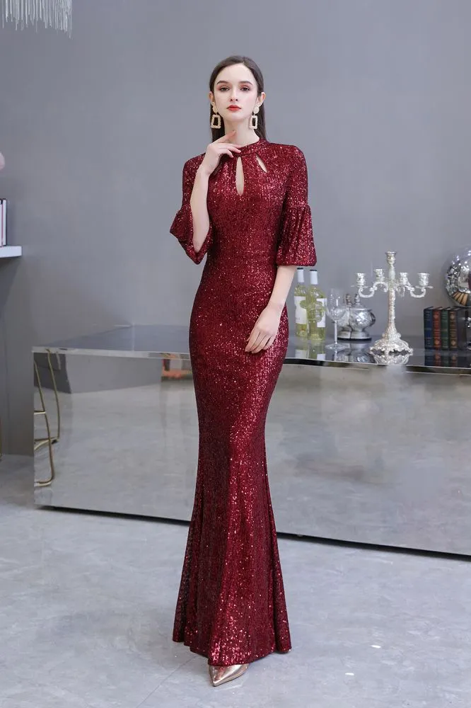 Glitter Half Sleeves Key hole Mermaid Party Dress Burgundy