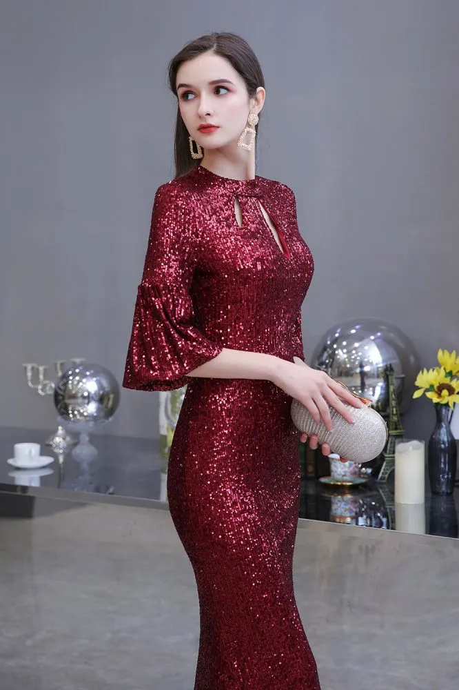 Glitter Half Sleeves Key hole Mermaid Party Dress Burgundy