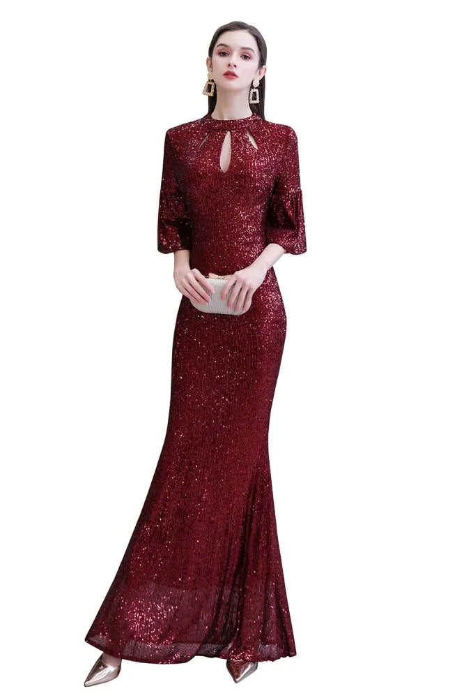 Glitter Half Sleeves Key hole Mermaid Party Dress Burgundy