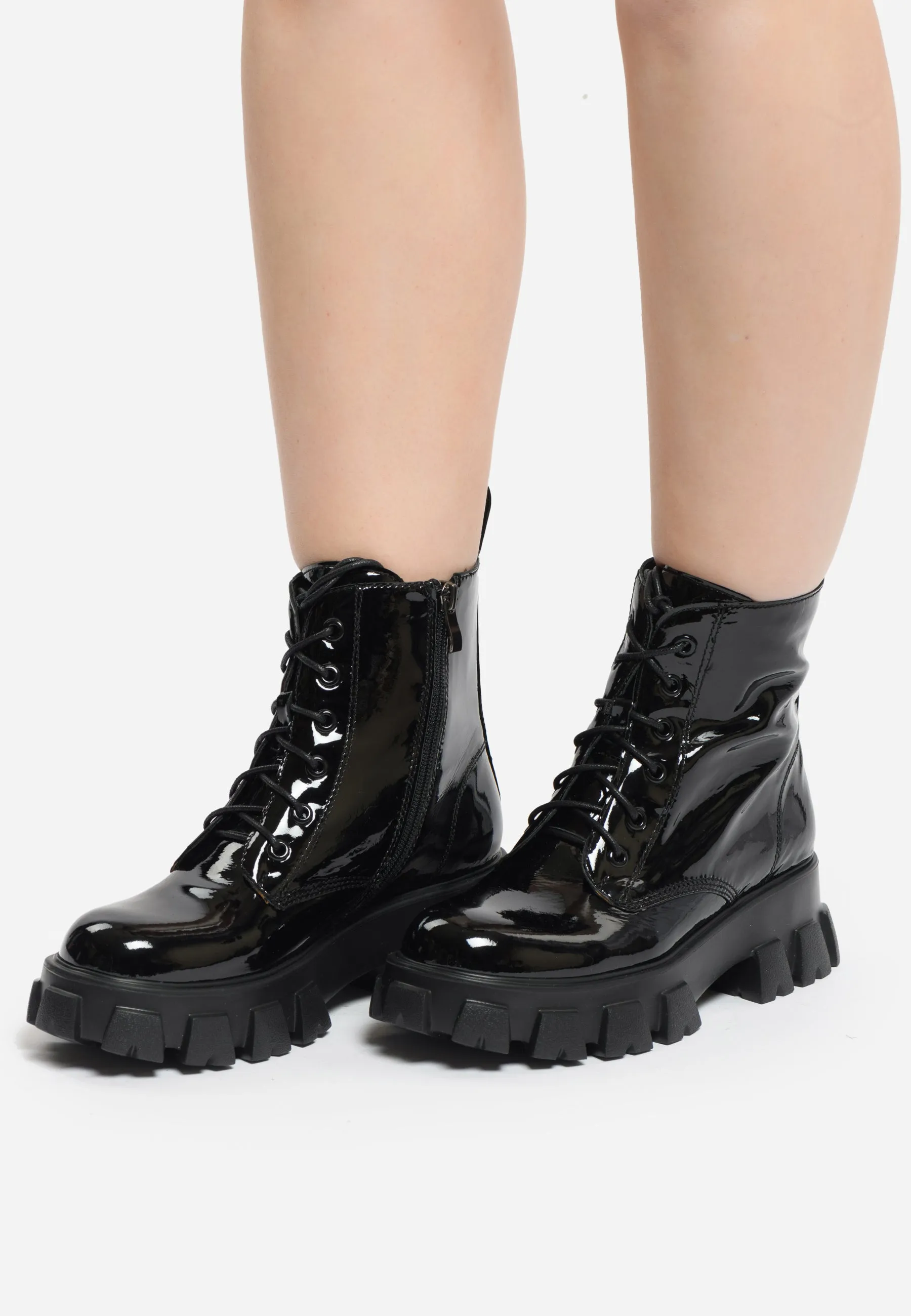 Glossy Chunky Combat Boots - Black