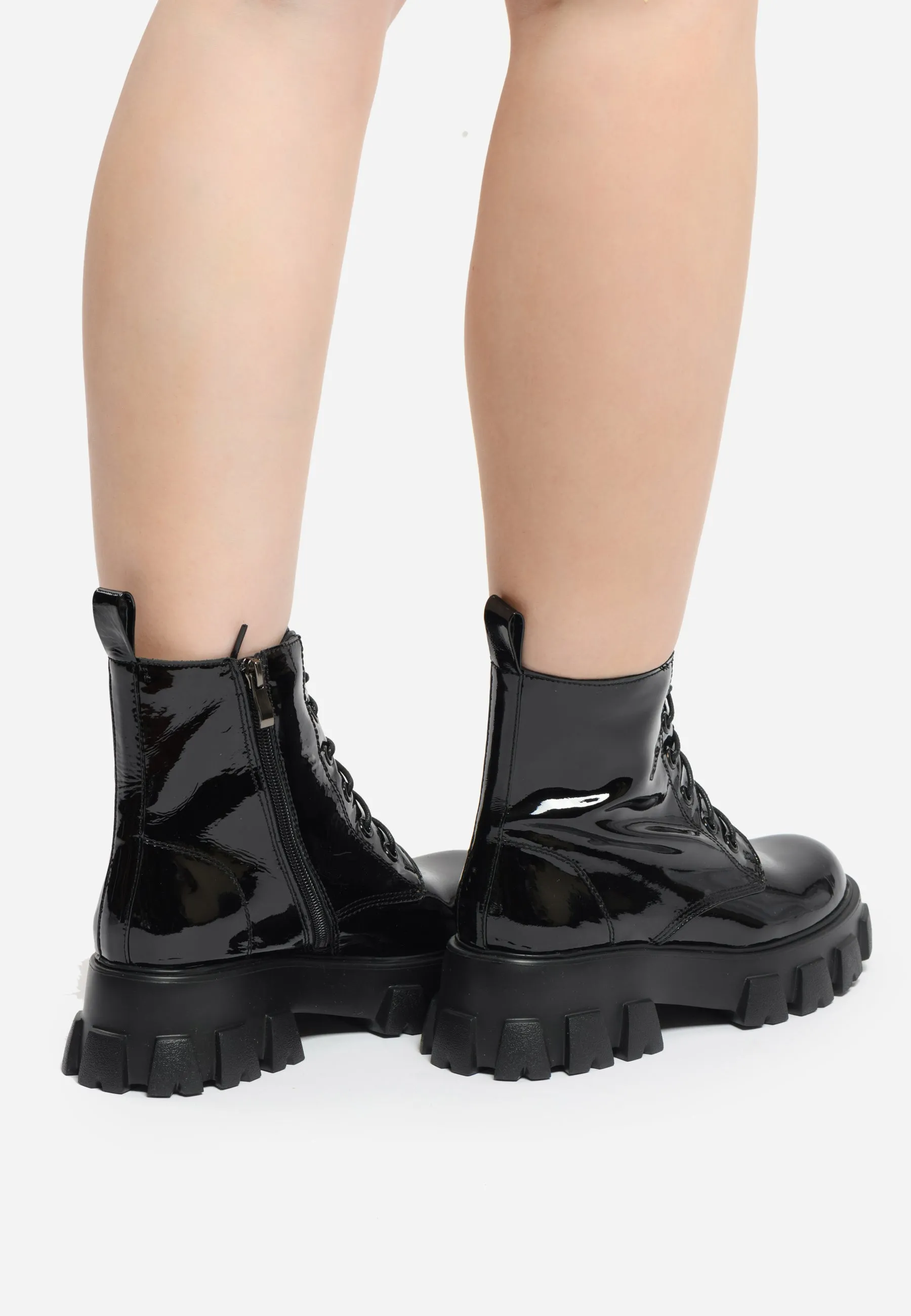 Glossy Chunky Combat Boots - Black