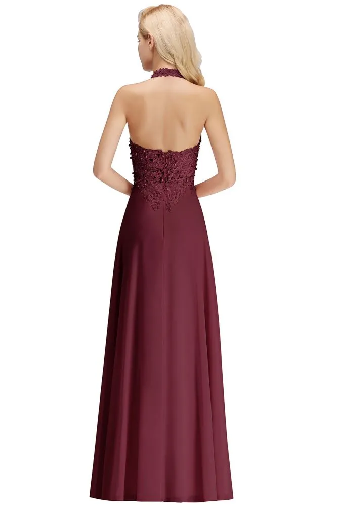 Halter Sleeveless Floral Appliques Evening Party Dress Aline Floor Length Bridesmaid Dress