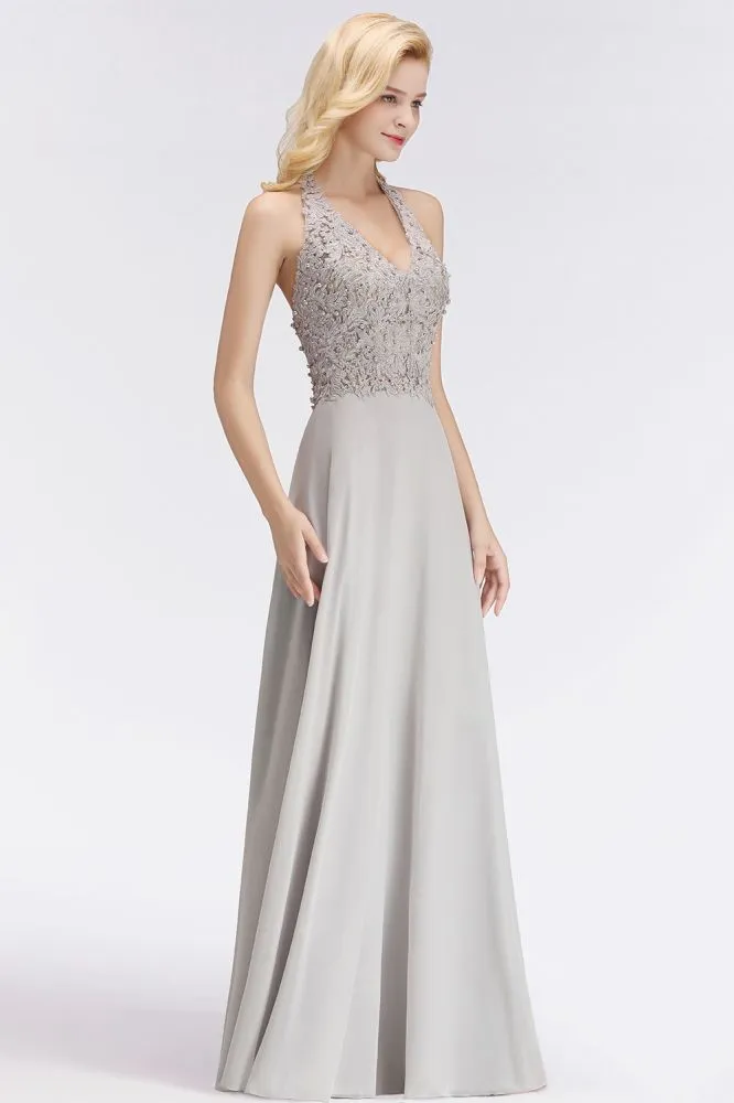 Halter Sleeveless Floral Appliques Evening Party Dress Aline Floor Length Bridesmaid Dress