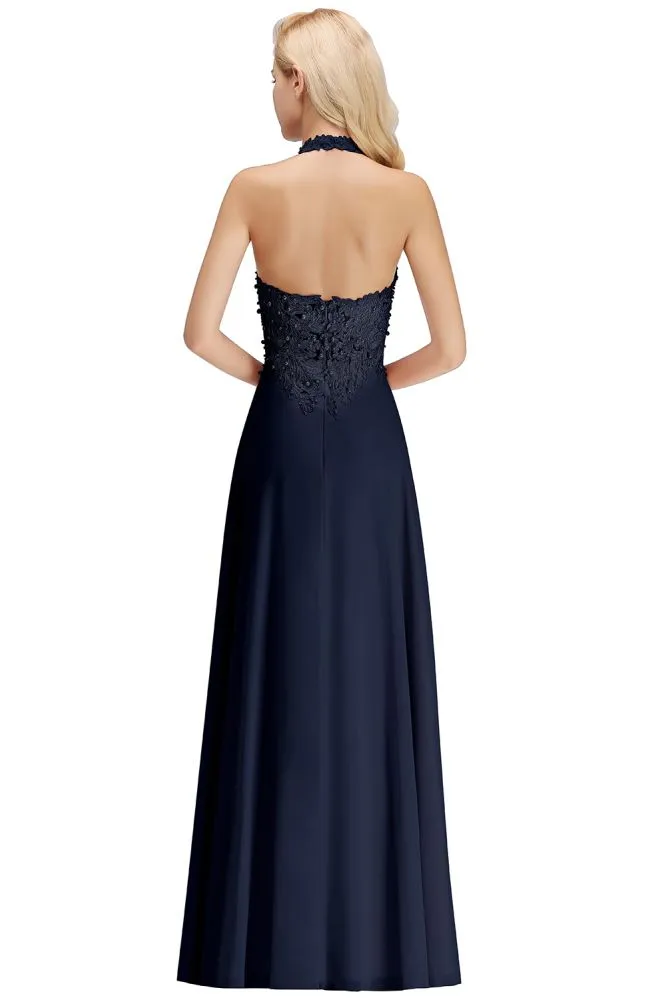 Halter Sleeveless Floral Appliques Evening Party Dress Aline Floor Length Bridesmaid Dress