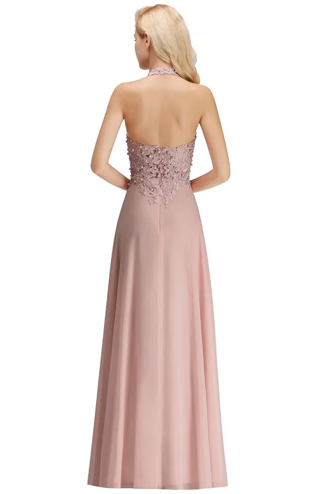 Halter Sleeveless Floral Appliques Evening Party Dress Aline Floor Length Bridesmaid Dress