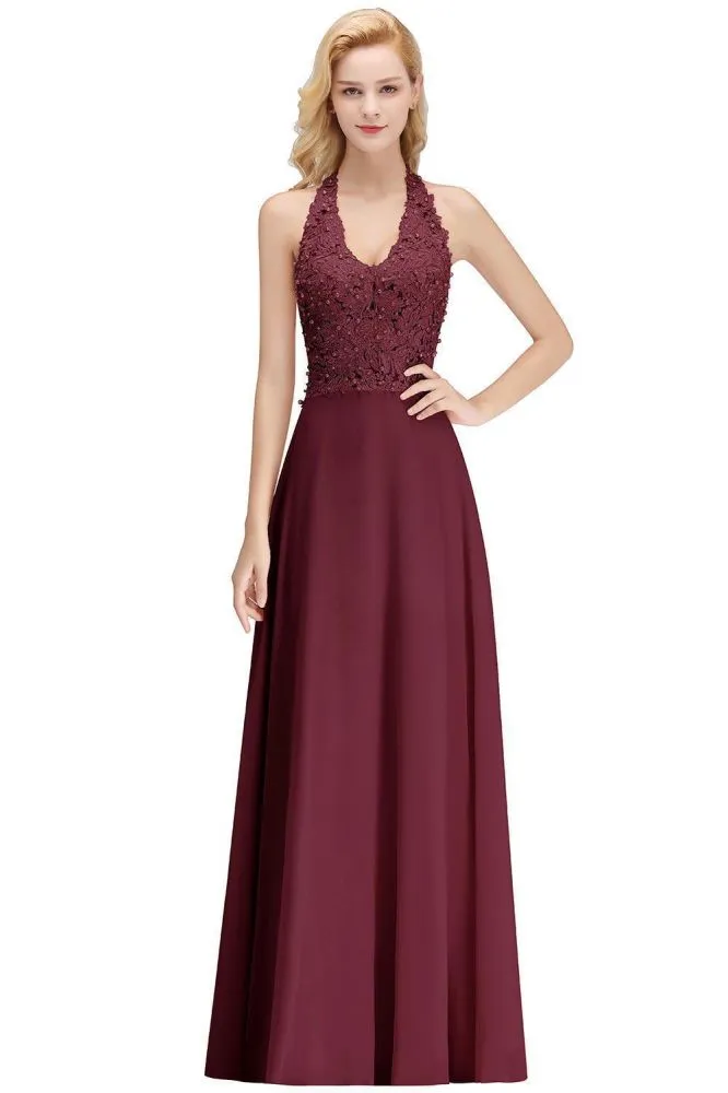 Halter Sleeveless Floral Appliques Evening Party Dress Aline Floor Length Bridesmaid Dress