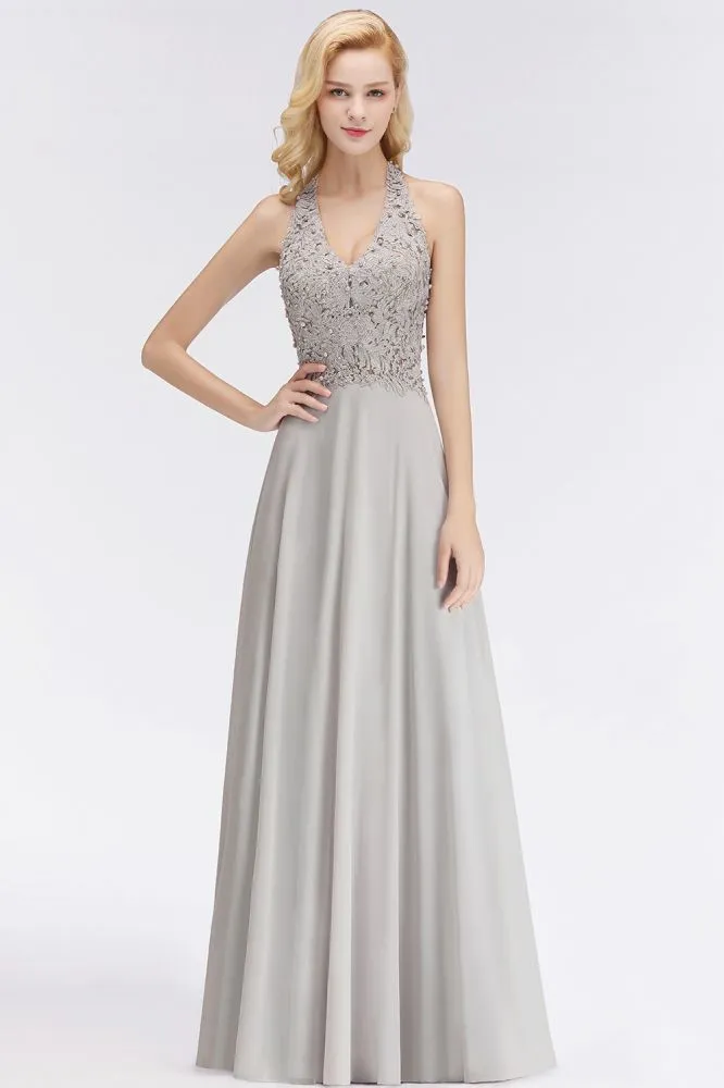 Halter Sleeveless Floral Appliques Evening Party Dress Aline Floor Length Bridesmaid Dress