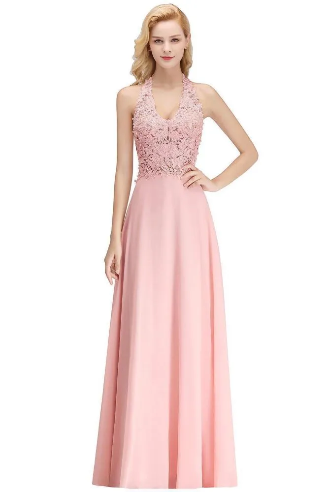 Halter Sleeveless Floral Appliques Evening Party Dress Aline Floor Length Bridesmaid Dress