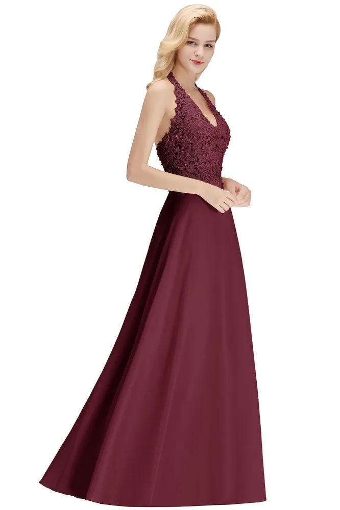 Halter Sleeveless Floral Appliques Evening Party Dress Aline Floor Length Bridesmaid Dress