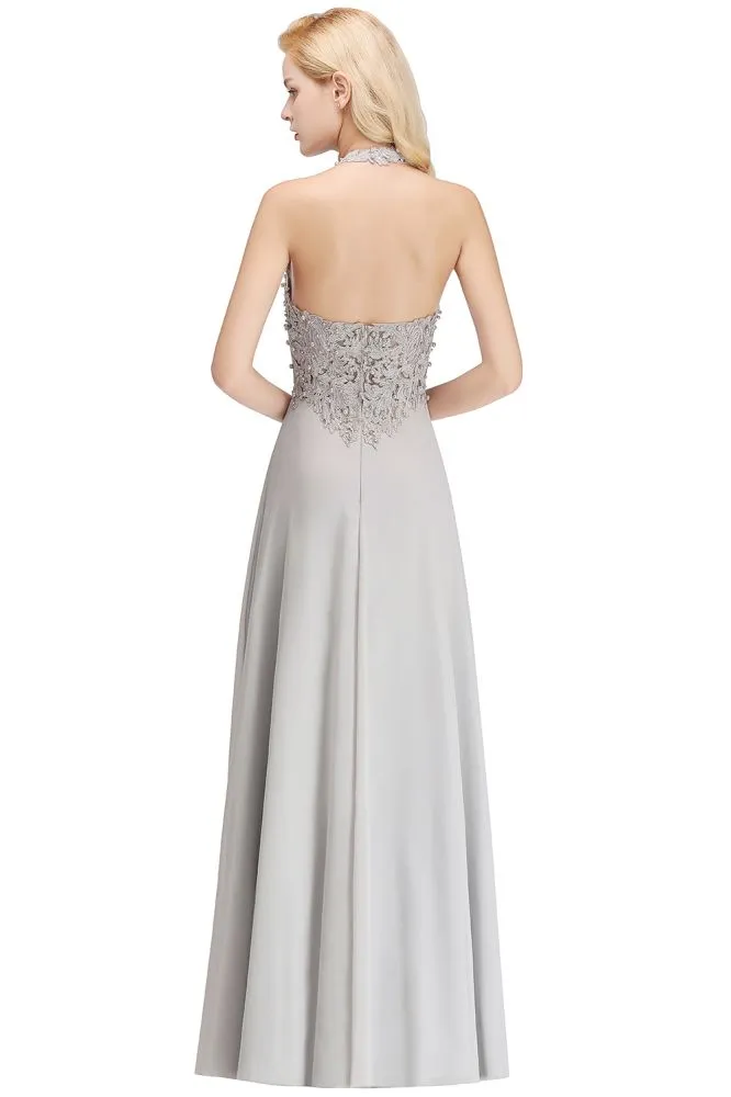 Halter Sleeveless Floral Appliques Evening Party Dress Aline Floor Length Bridesmaid Dress