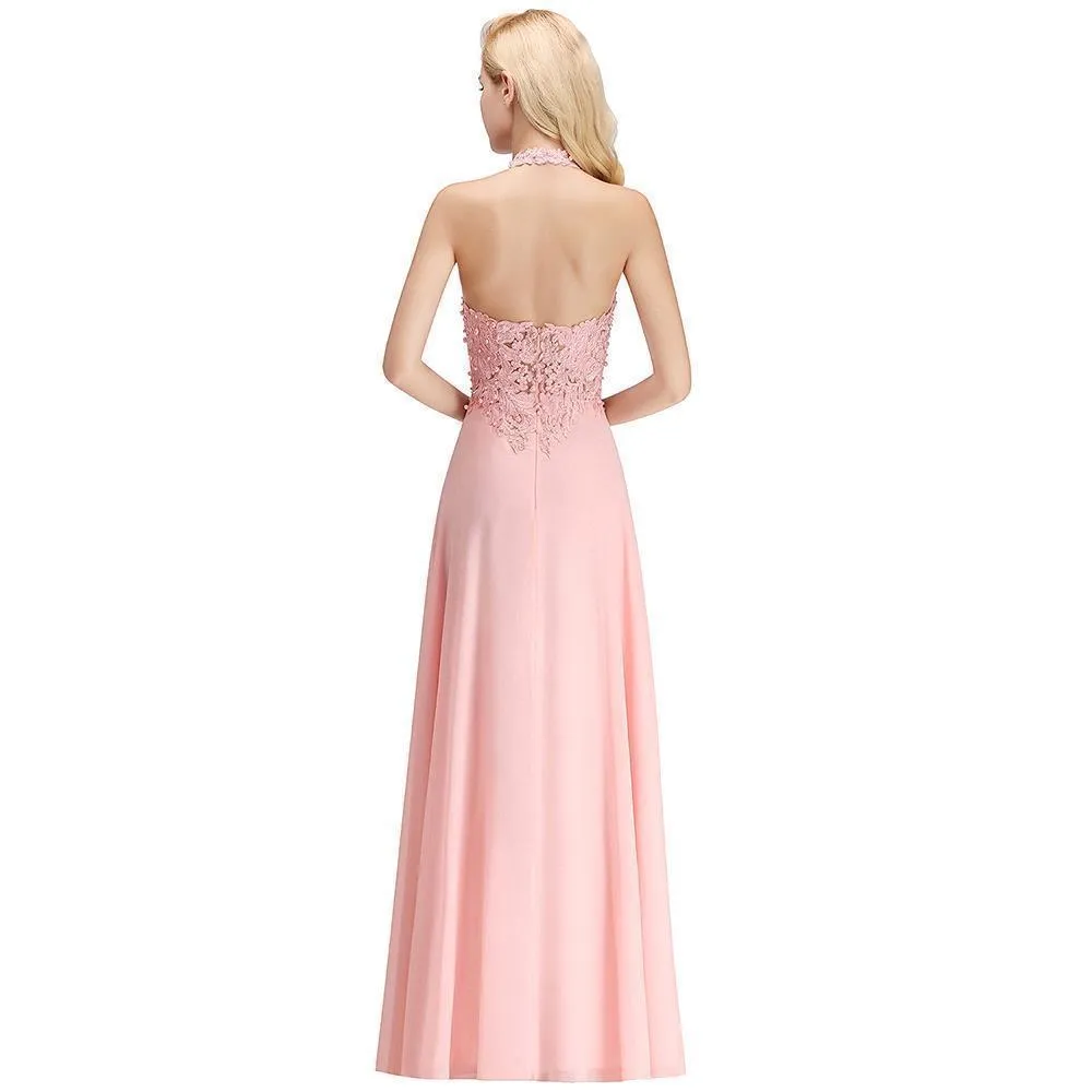 Halter Sleeveless Floral Appliques Evening Party Dress Aline Floor Length Bridesmaid Dress