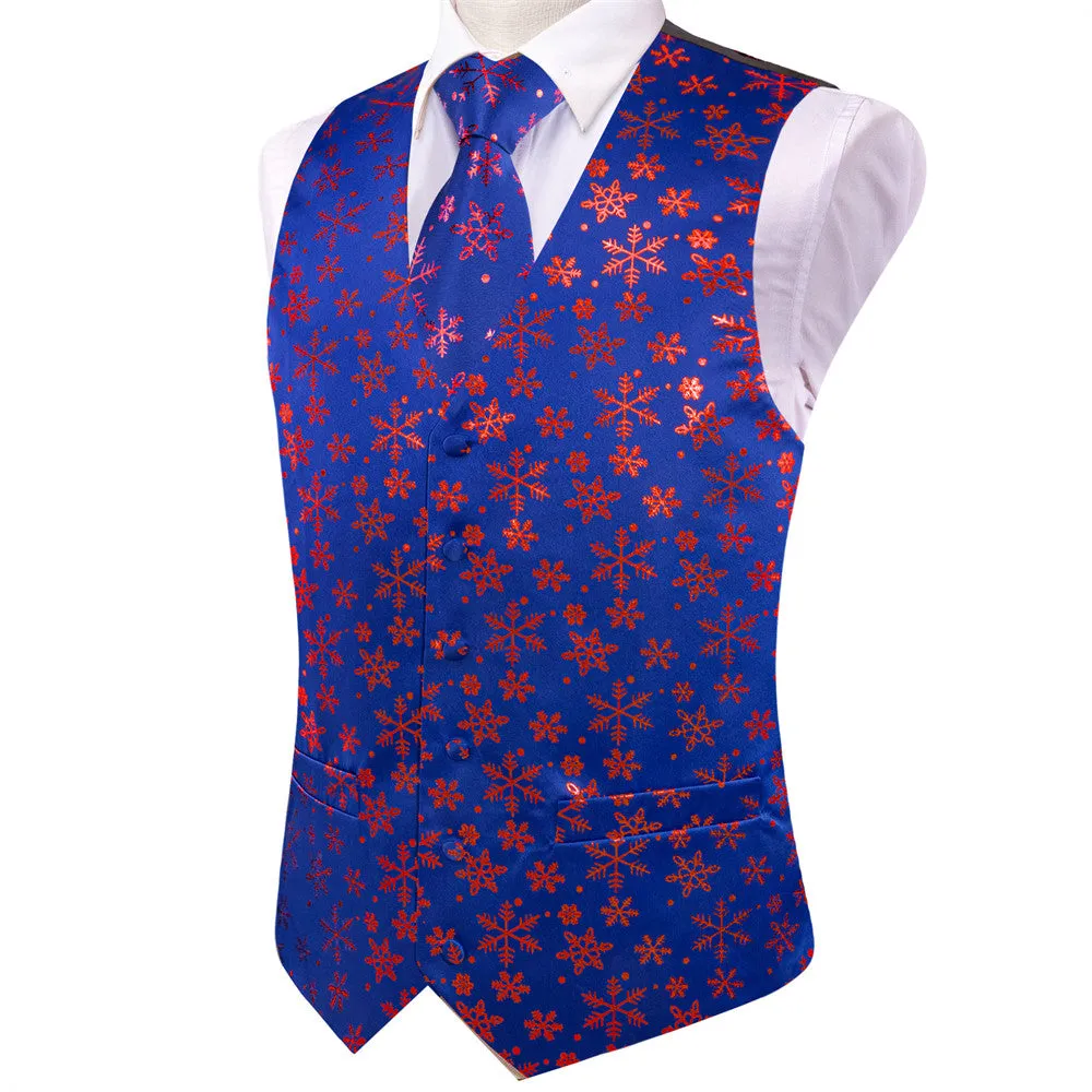 Hi-Tie Mens Waistcoat Blue Purple Snow Christmas Vest Necktie Set