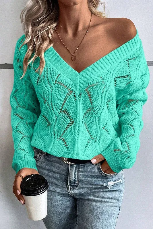 Hollow Out Knit V Neck Drop Shoulder Sweater