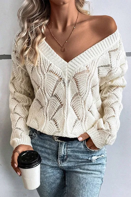 Hollow Out Knit V Neck Drop Shoulder Sweater