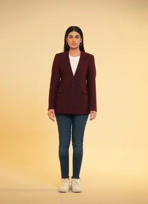 Ladies V Neck Single Button Jacket - Maroon Plain