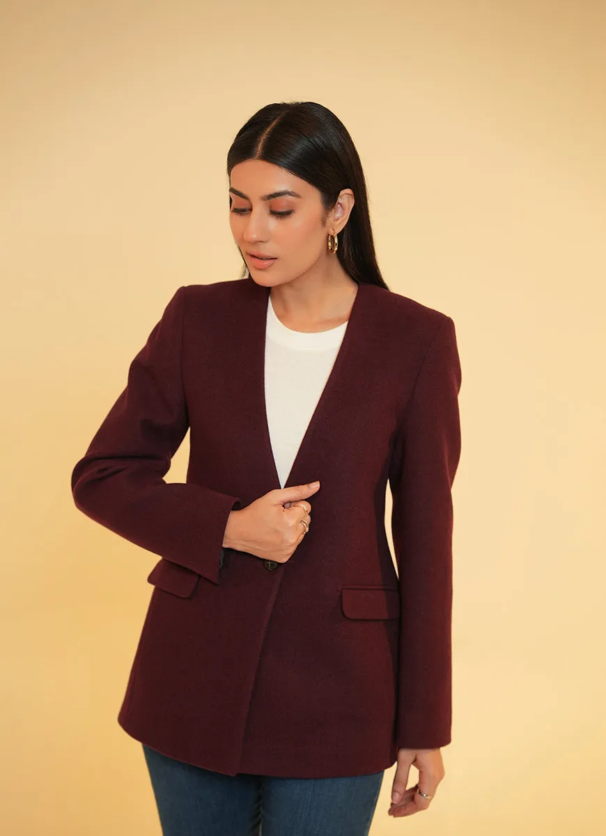 Ladies V Neck Single Button Jacket - Maroon Plain