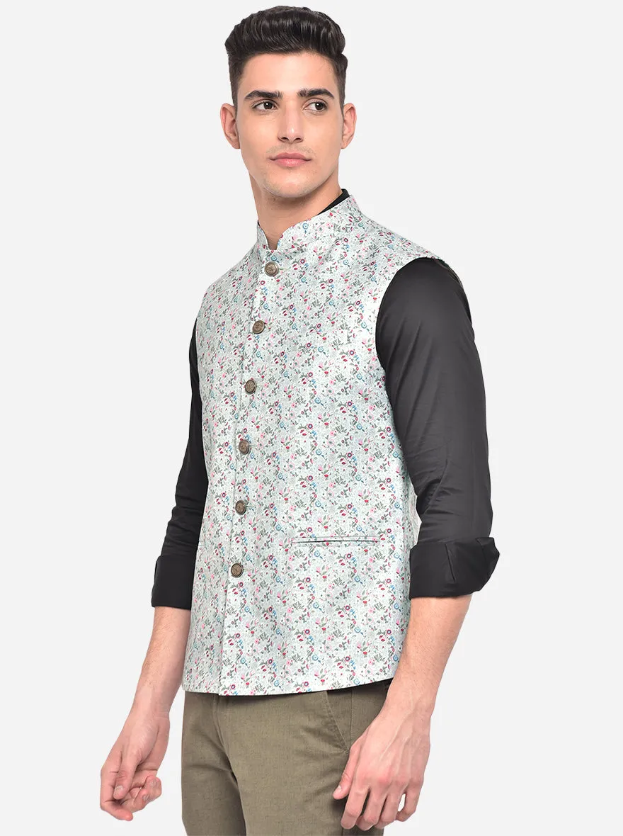 Light Blue Printed Bandhgala Jacket | Greenfibre