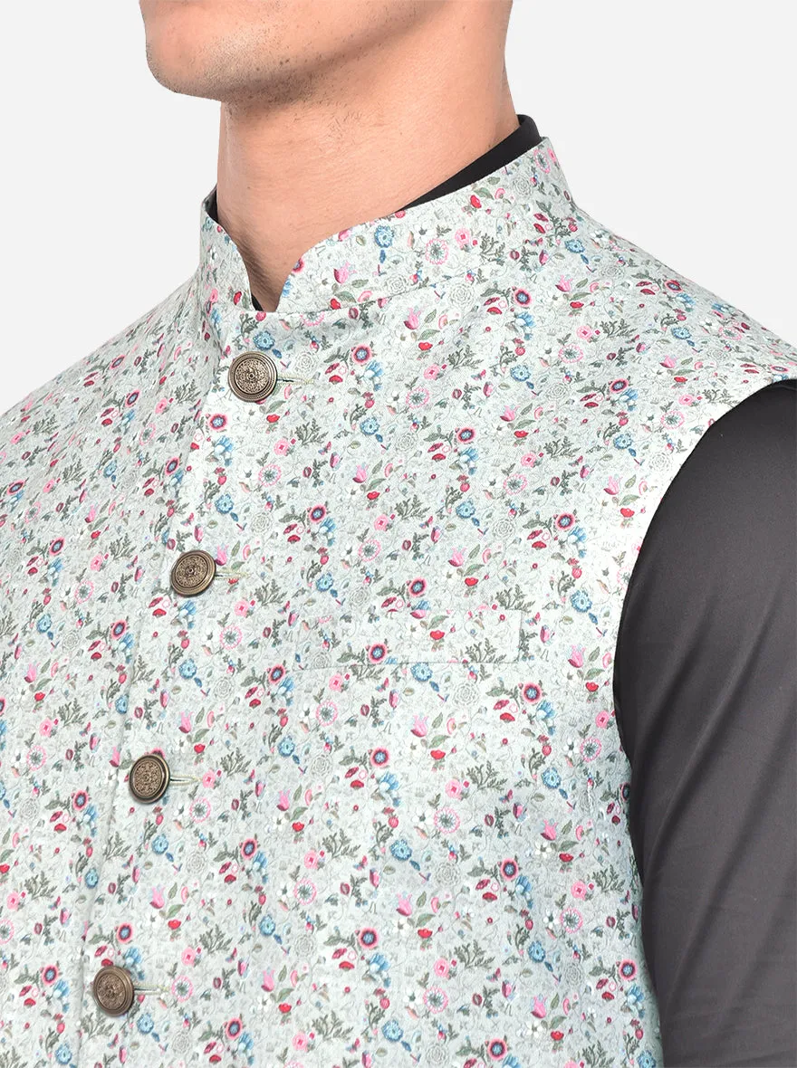 Light Blue Printed Bandhgala Jacket | Greenfibre