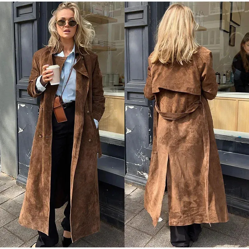 Lonnie Suede Elegant Turn-down Collar Long Coat