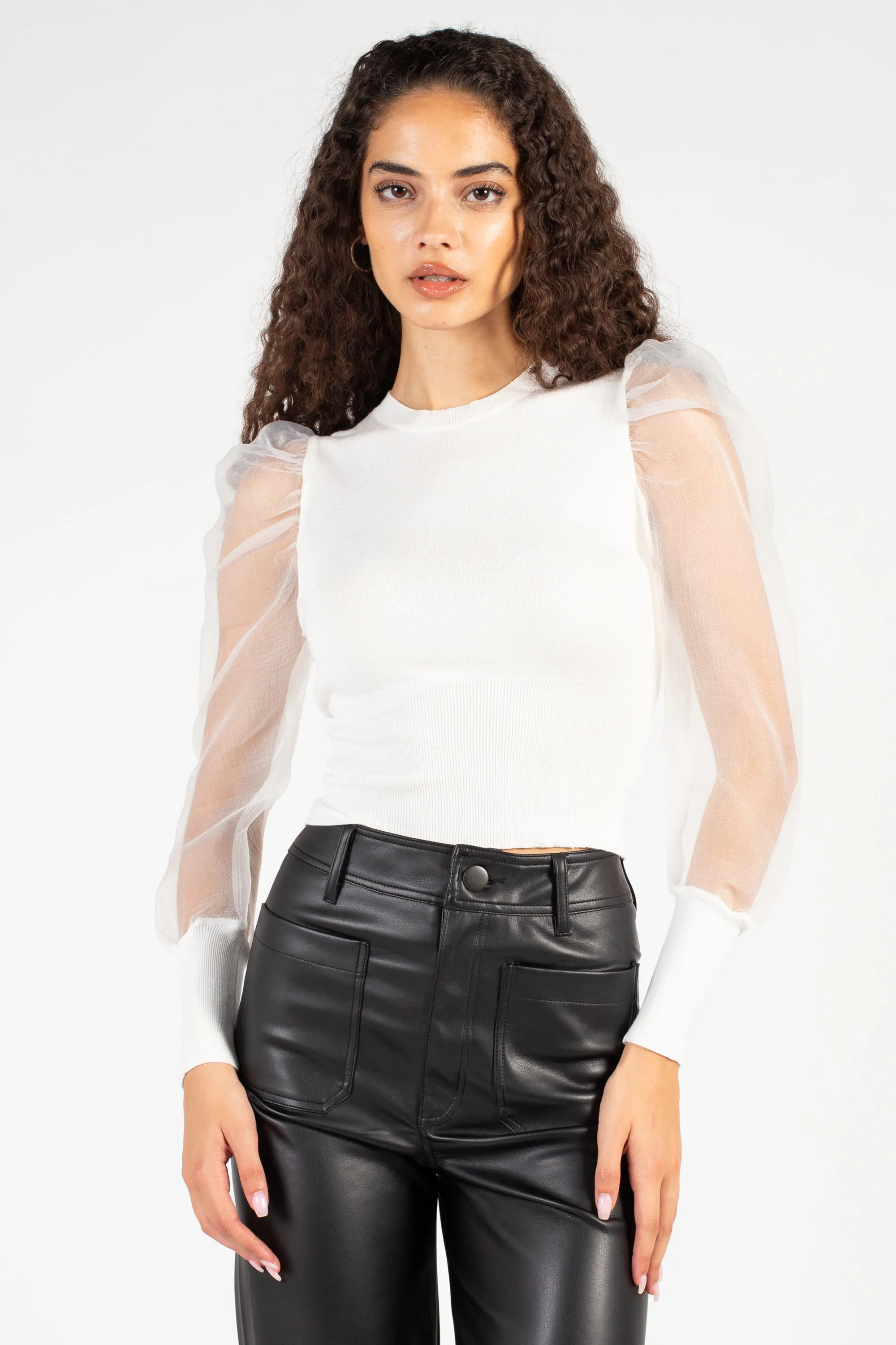 Maddie Organza Puff Sleeve Knit Top