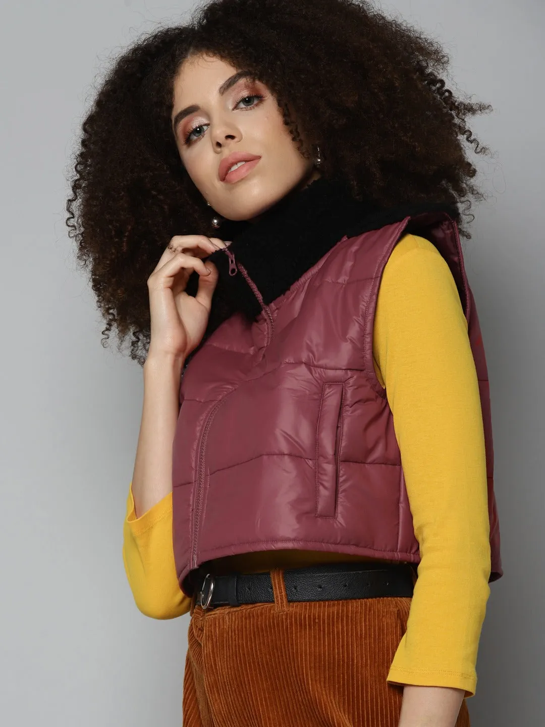 Maroob Fur Shoulder Crop Puffer Jacket