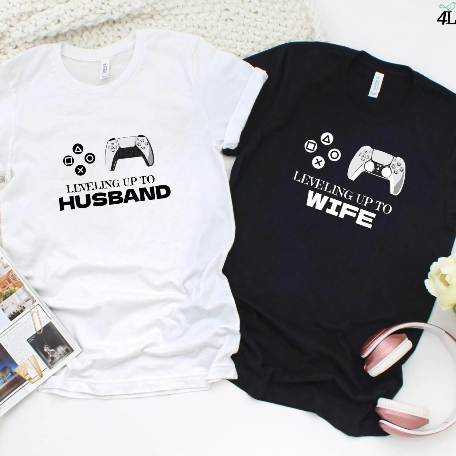 Matching Set: Level Up to Husband & Wife, Groom Gifts, Gaming Outfit, Fiance Wedding Gift