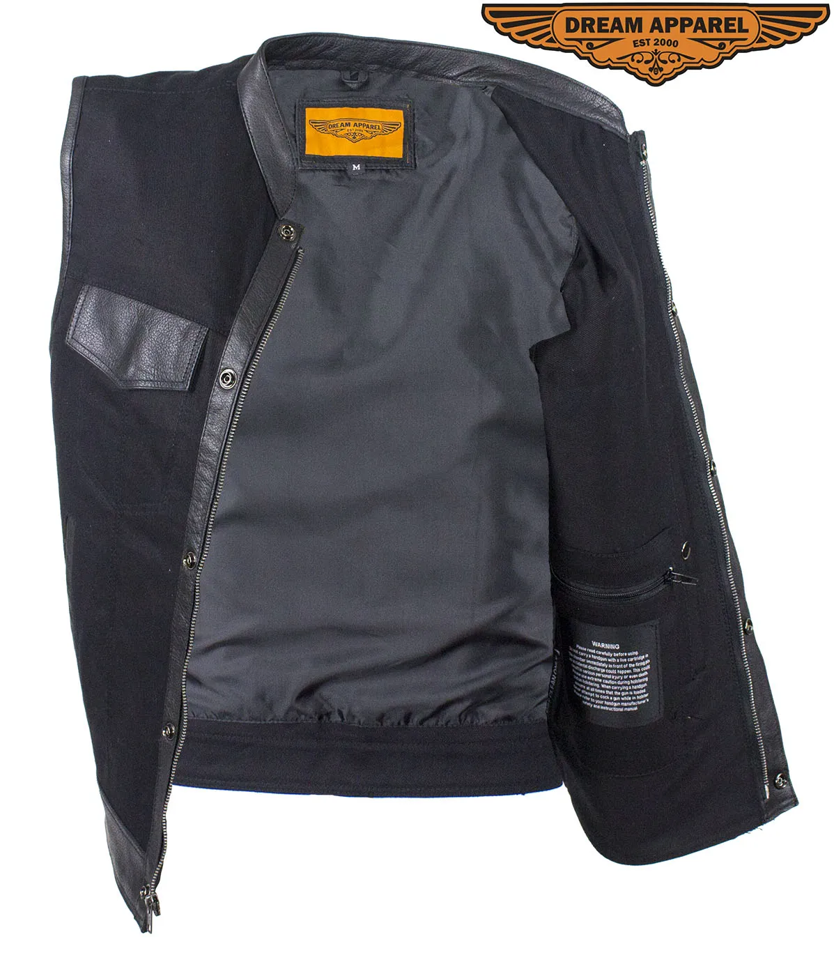 Mens Black Denim Biker Vest With Leather Trims & Front Zip Up