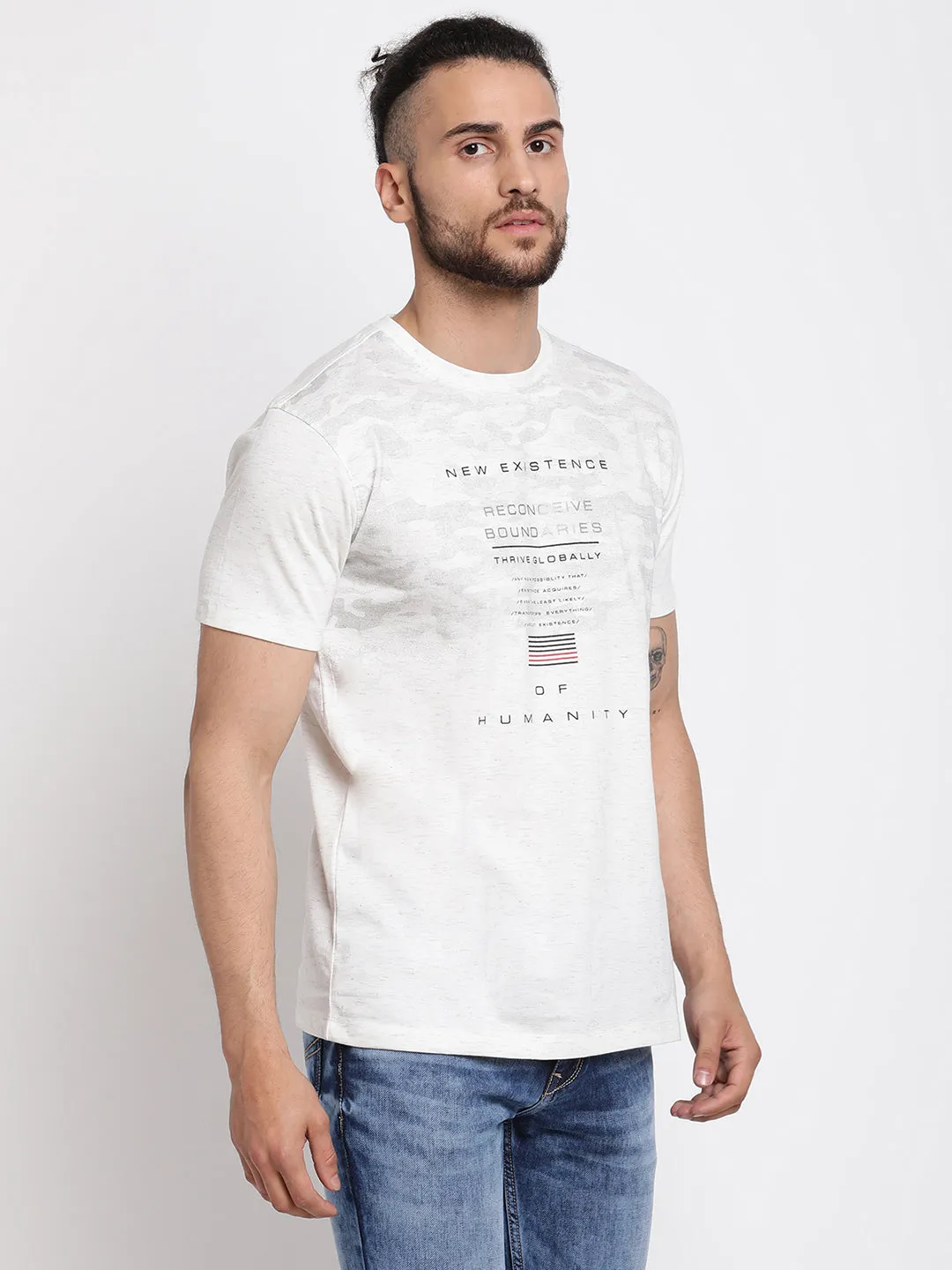 Men's Offwhite  Round neck Half Sleeve T-Shirt with Print