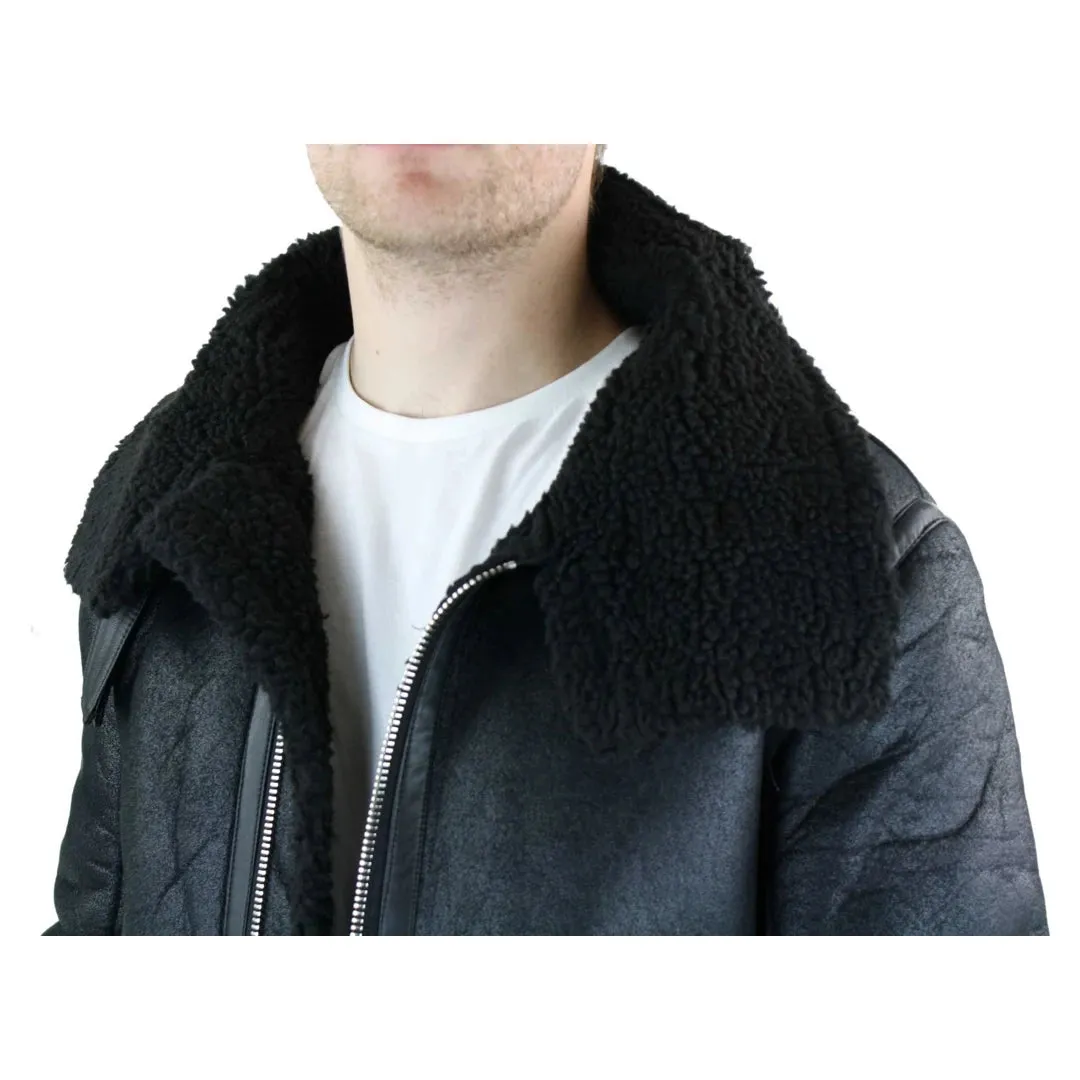 Men's Shearling Sheepskin Faux Fur B3 Aviator Flying Jacket RAF Black Winter Warm