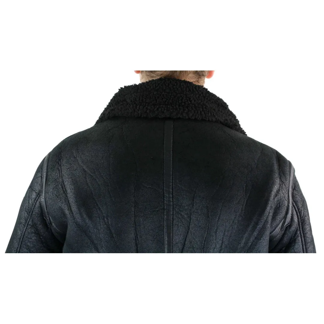 Men's Shearling Sheepskin Faux Fur B3 Aviator Flying Jacket RAF Black Winter Warm