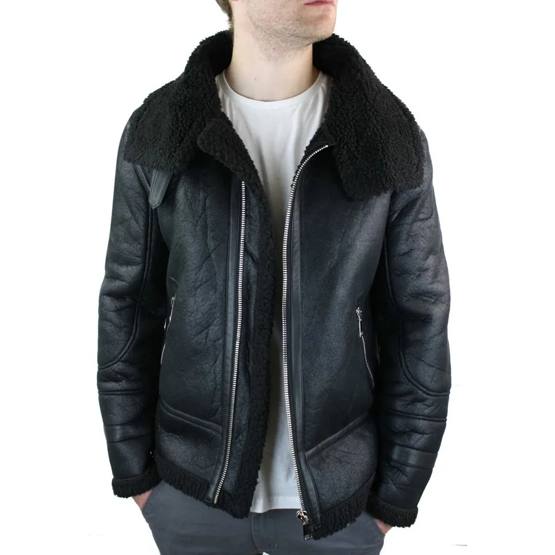 Men's Shearling Sheepskin Faux Fur B3 Aviator Flying Jacket RAF Black Winter Warm