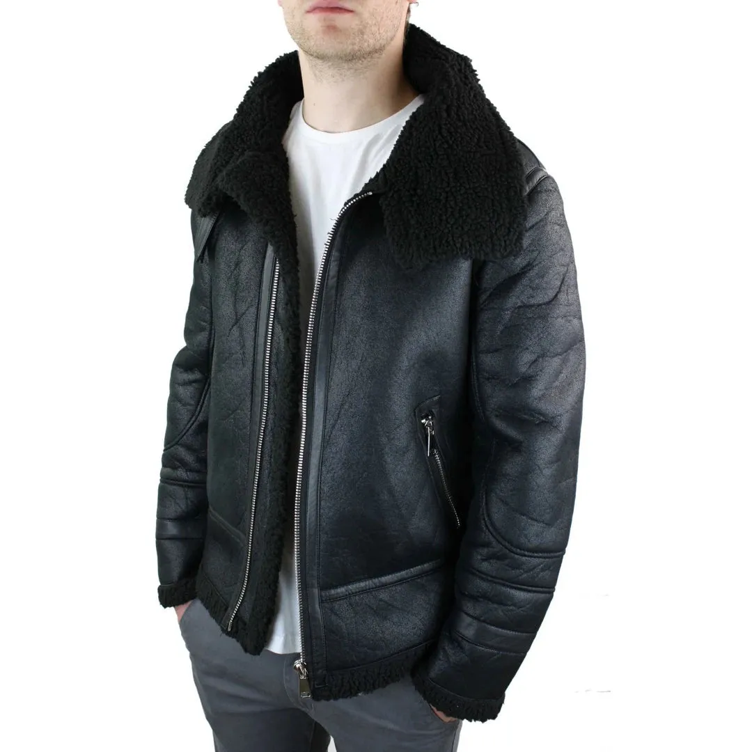 Men's Shearling Sheepskin Faux Fur B3 Aviator Flying Jacket RAF Black Winter Warm