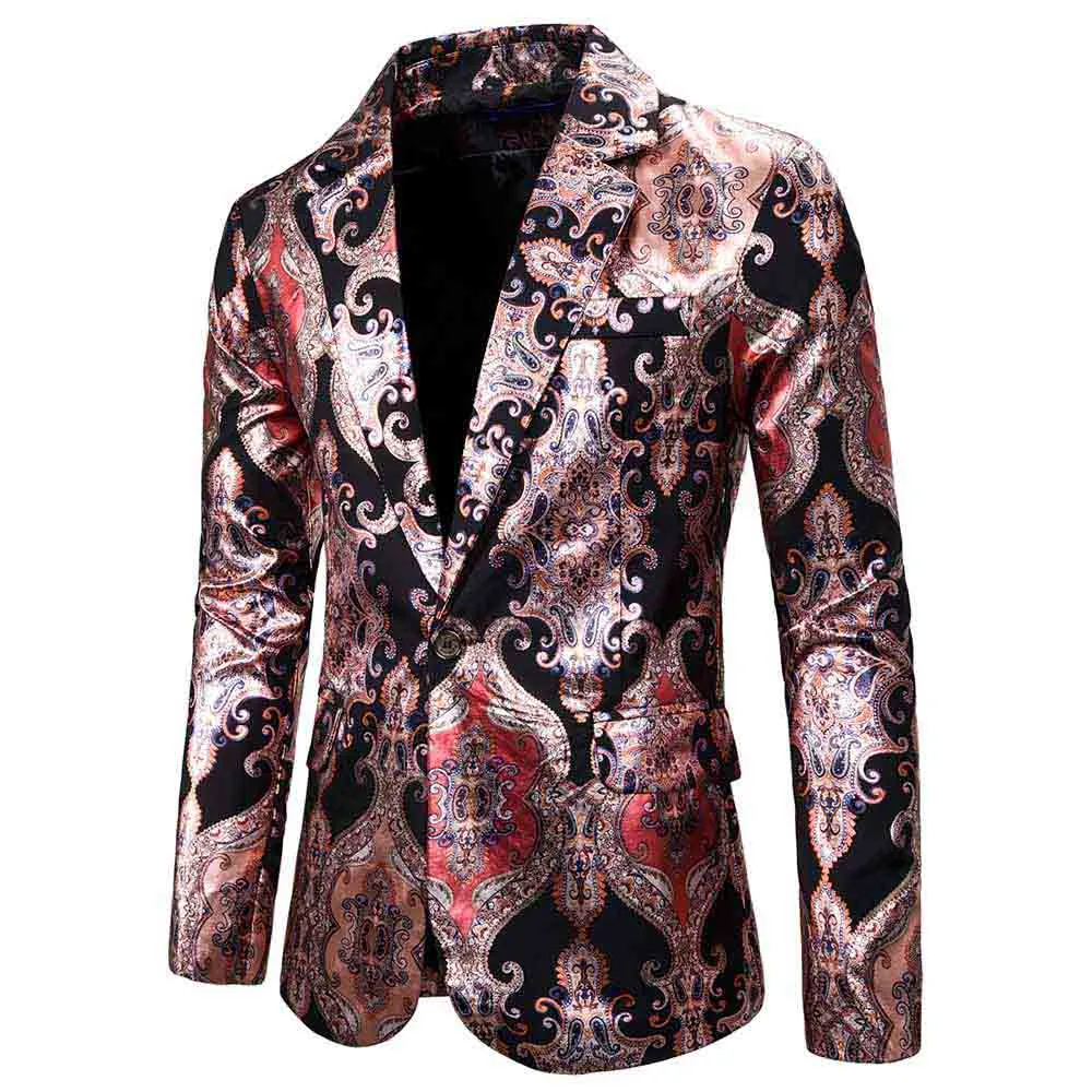 Men's Slim Fit Casual Fancy Printed Chic Blazer Jacket Floral Party Coats Red