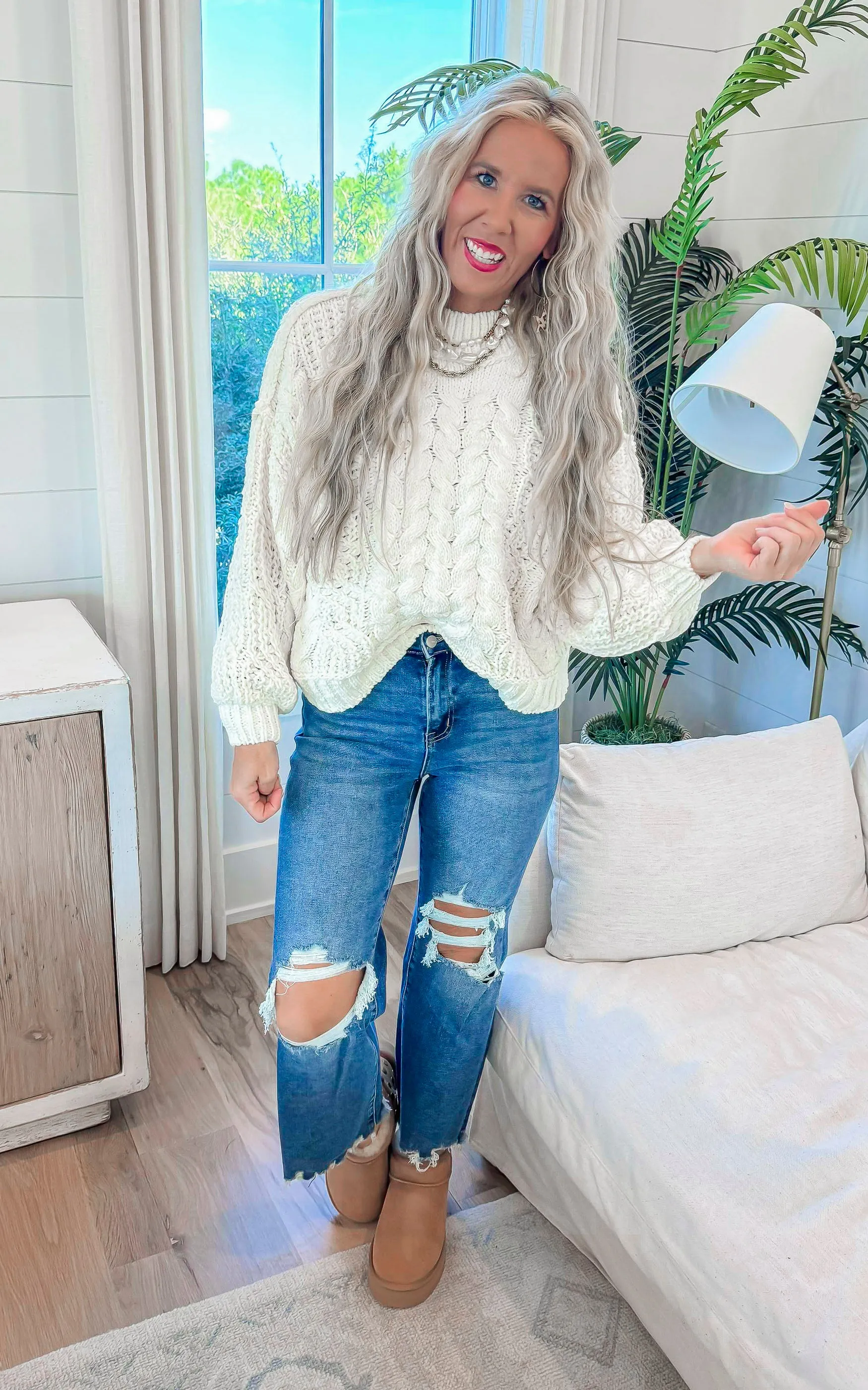 Mock Neck Balloon Sleeve Cable Knit Sweater | POL