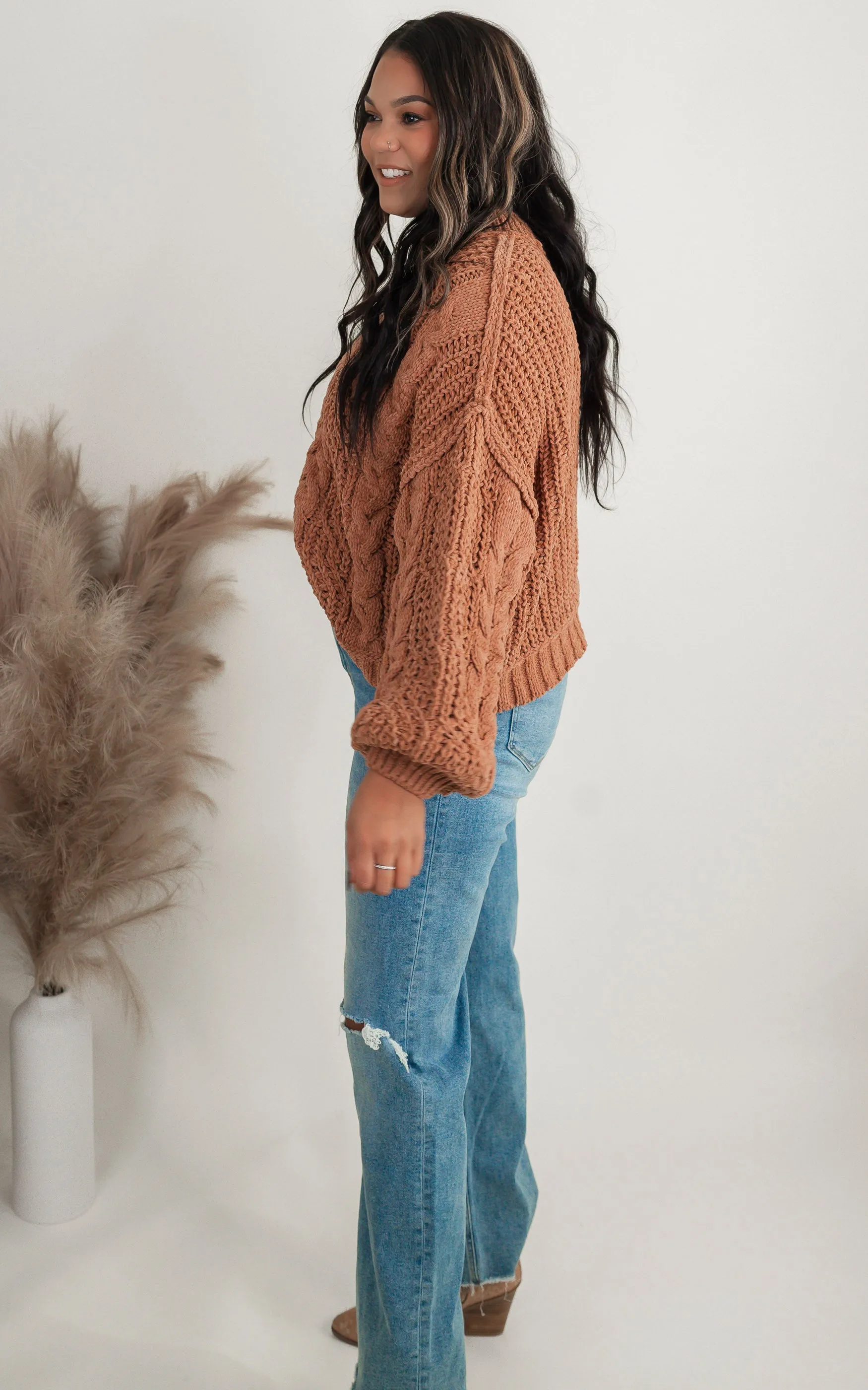 Mock Neck Balloon Sleeve Cable Knit Sweater | POL