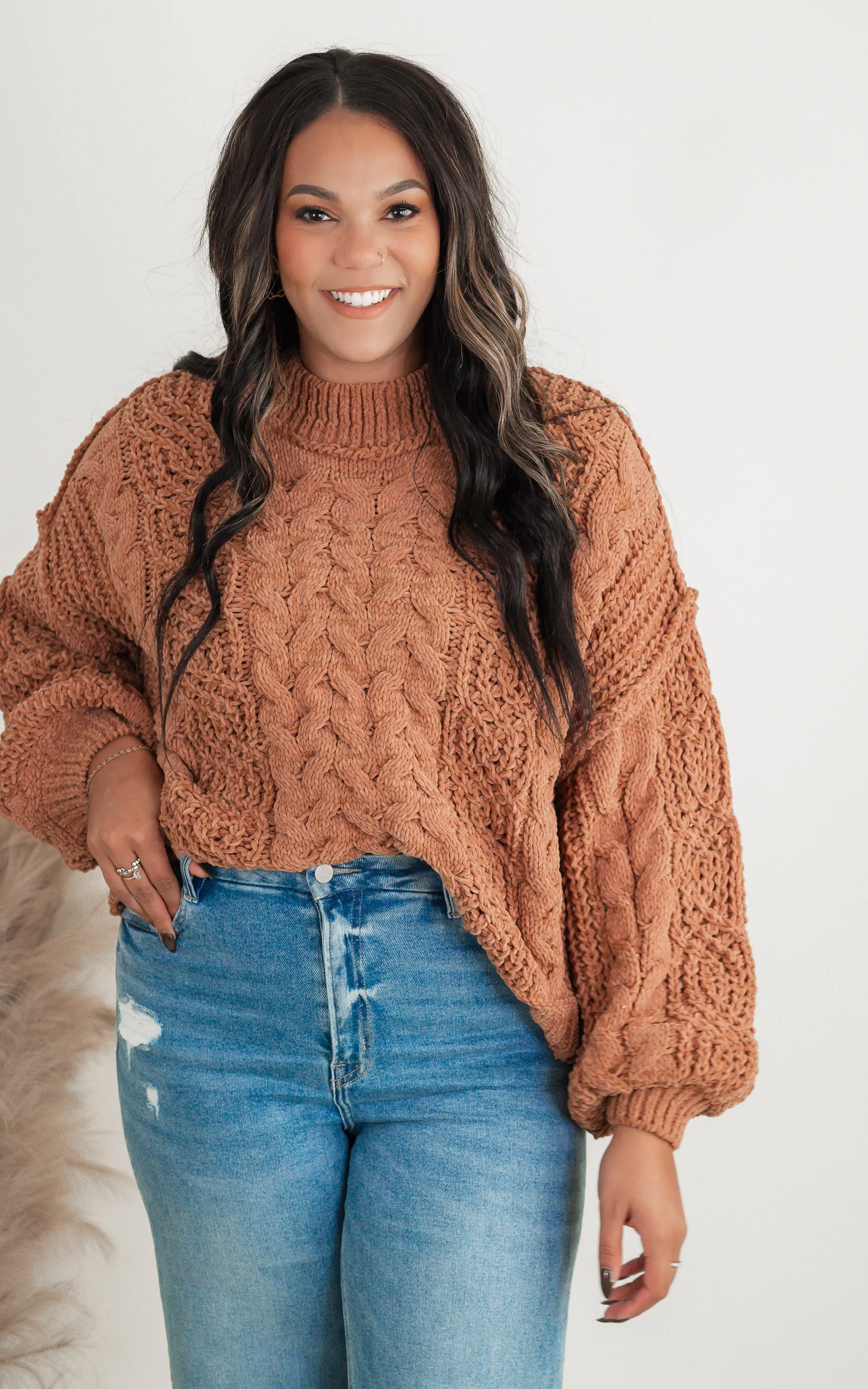 Mock Neck Balloon Sleeve Cable Knit Sweater | POL