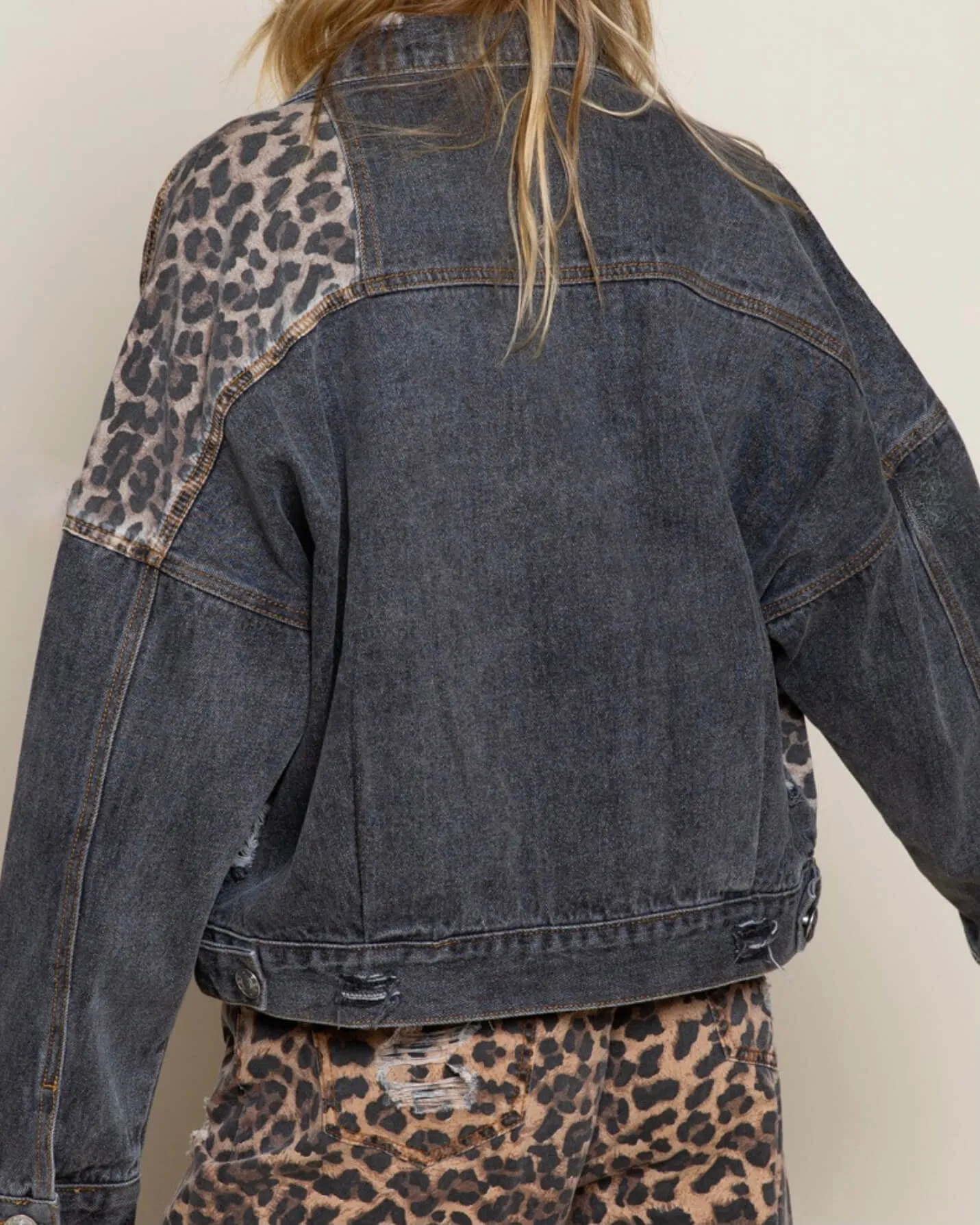 Off Duty Leopard Denim Jacket in Vintage Black