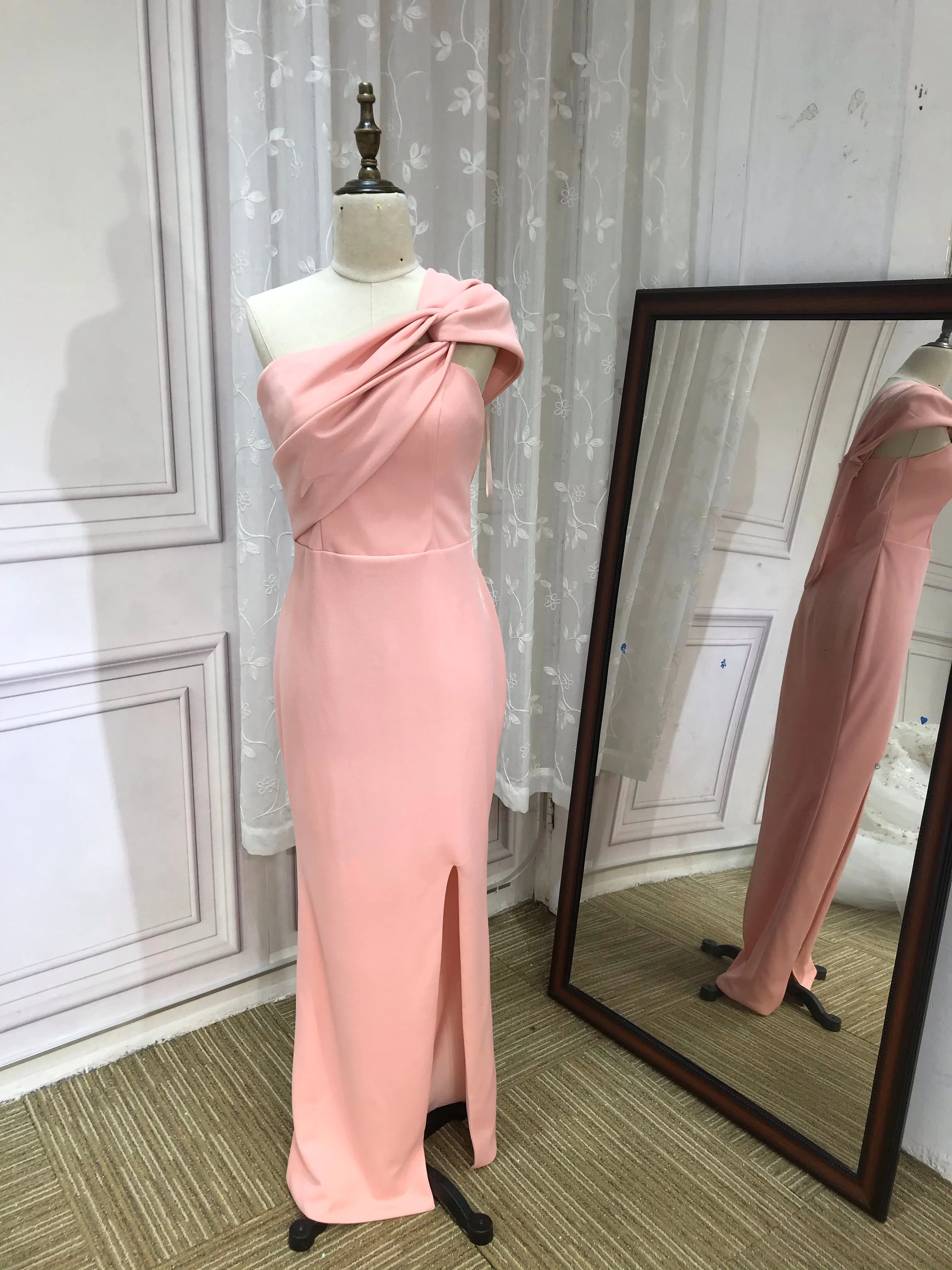 Off shoulder blush pink shiny bridesmaids dresses bodice slit  2020