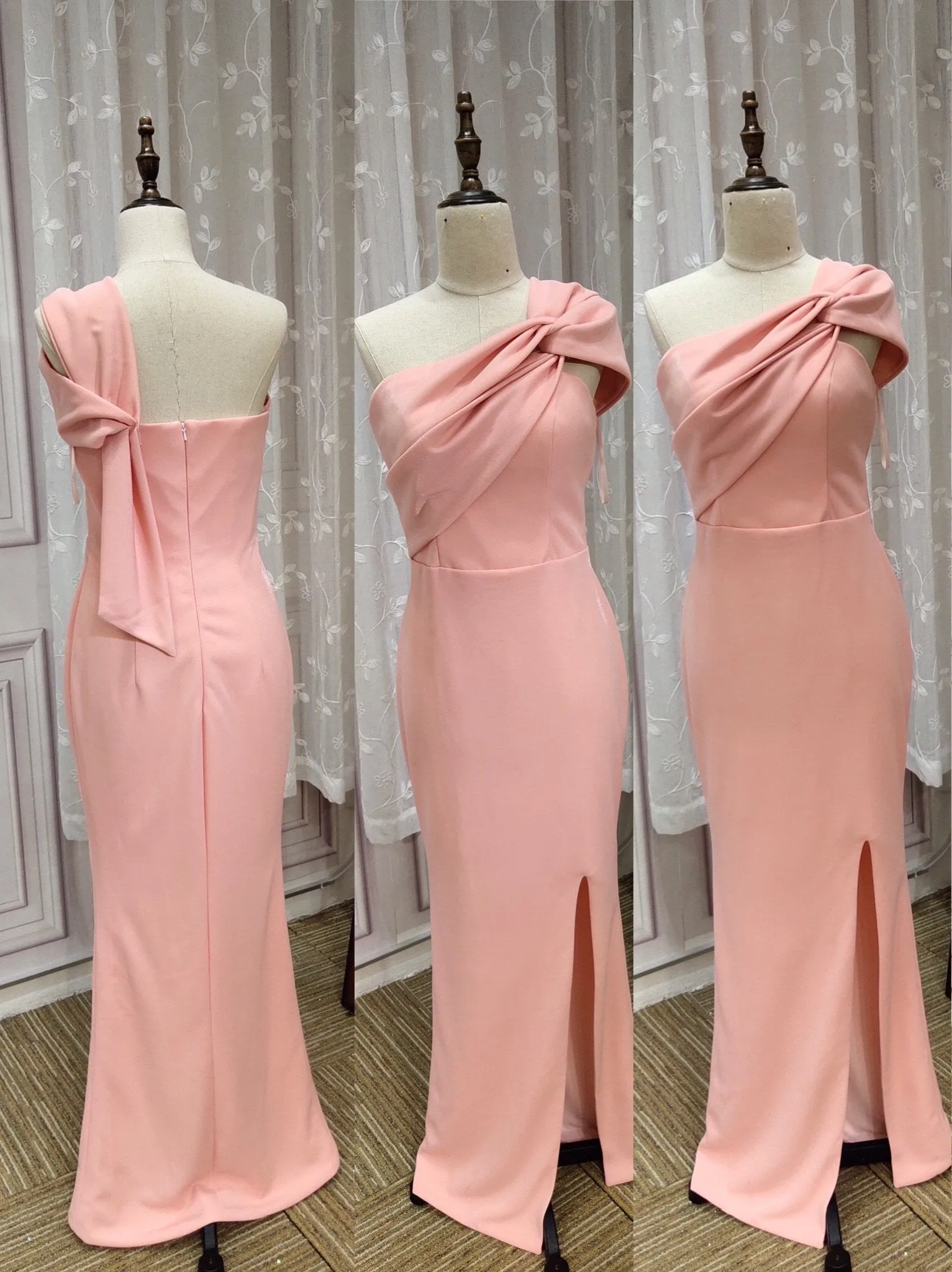 Off shoulder blush pink shiny bridesmaids dresses bodice slit  2020