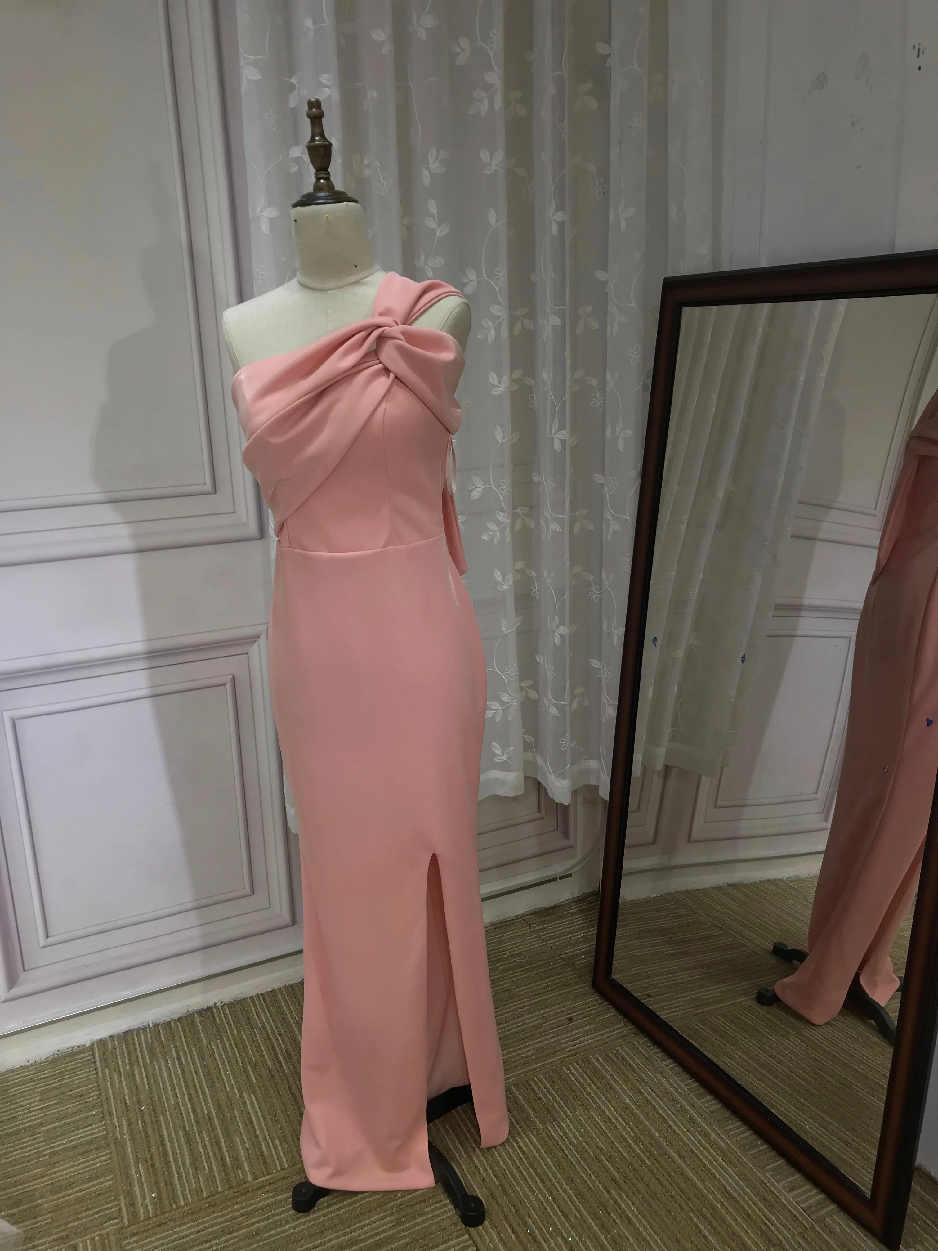 Off shoulder blush pink shiny bridesmaids dresses bodice slit  2020