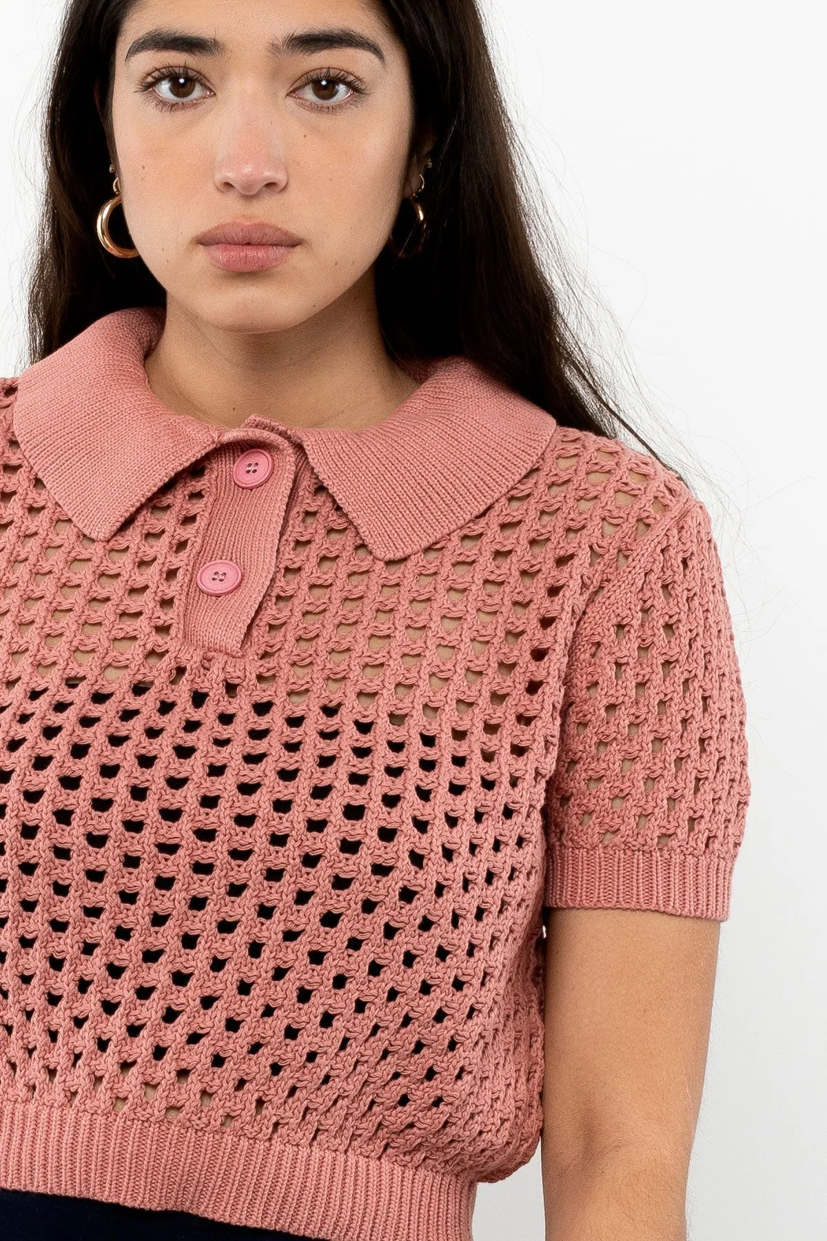 RFK54 - Mesh Knit Cropped Polo Sweater