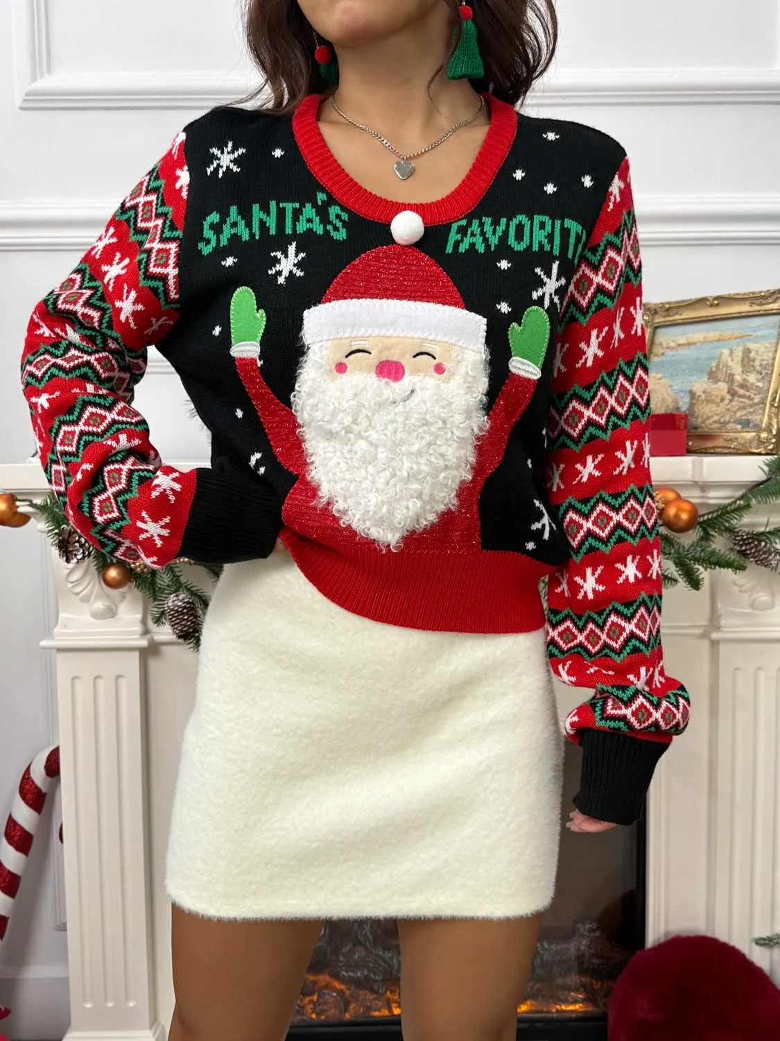 SANTA'S FAVORITE Graphic Long Sleeve Sweater Christmas Sweater Womens Fashion Holiday Clothing Ugly Christmas Sweater Unisex Sweatshirt KESLEY