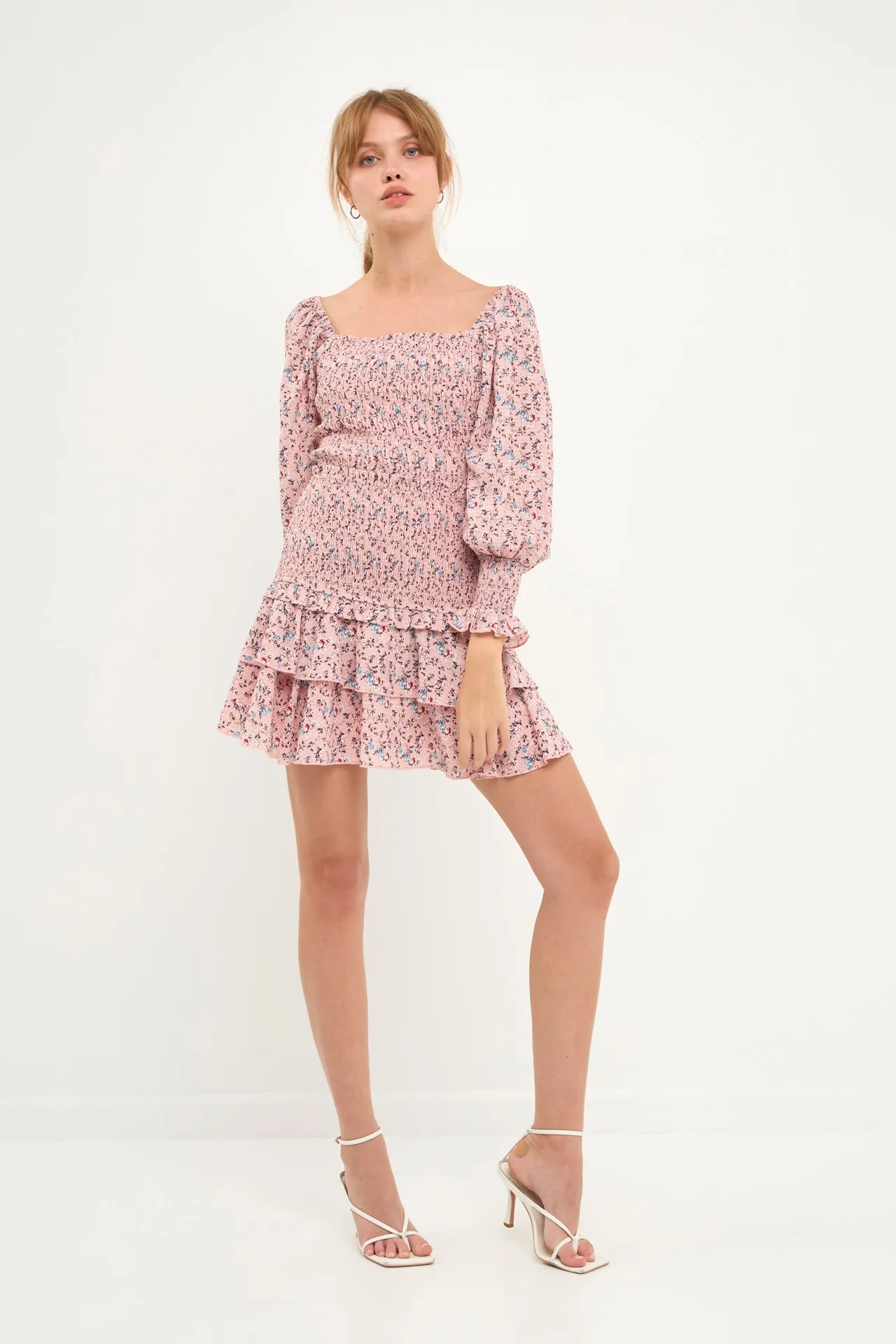 Smocked Textured Floral Tiered Mini Skirt