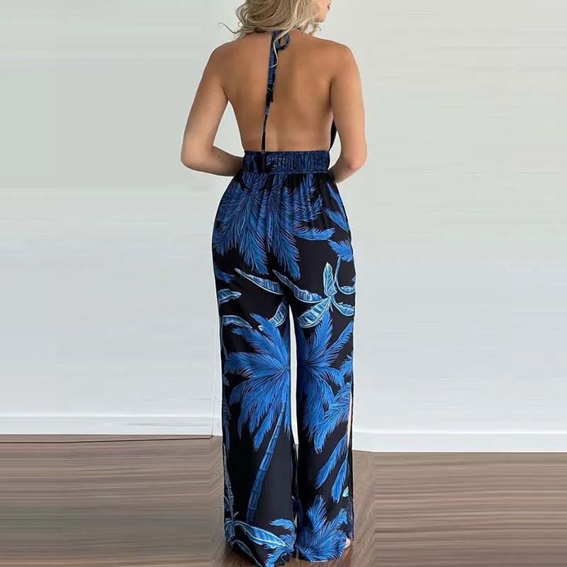 V-neck halterneck halter waist jumpsuit