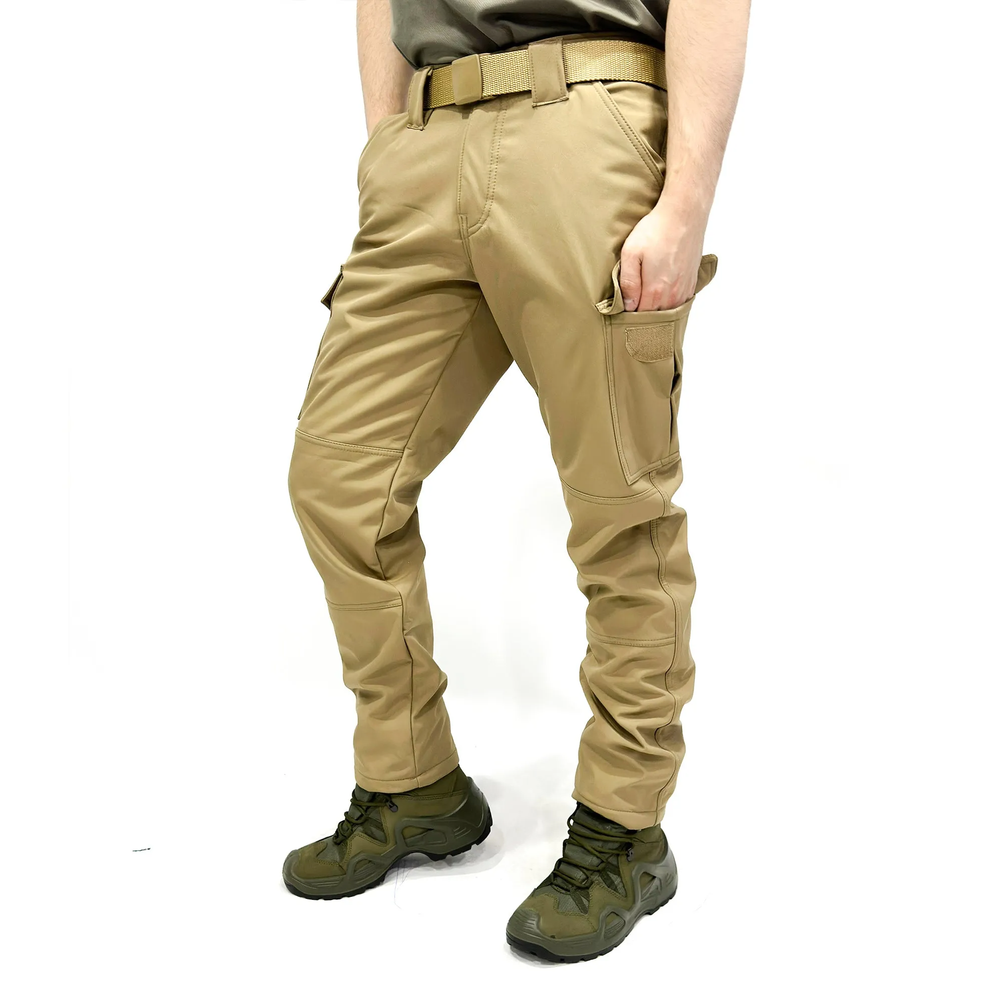 Wind-Waterproof Beige Softshell Pants - Fleece Inside