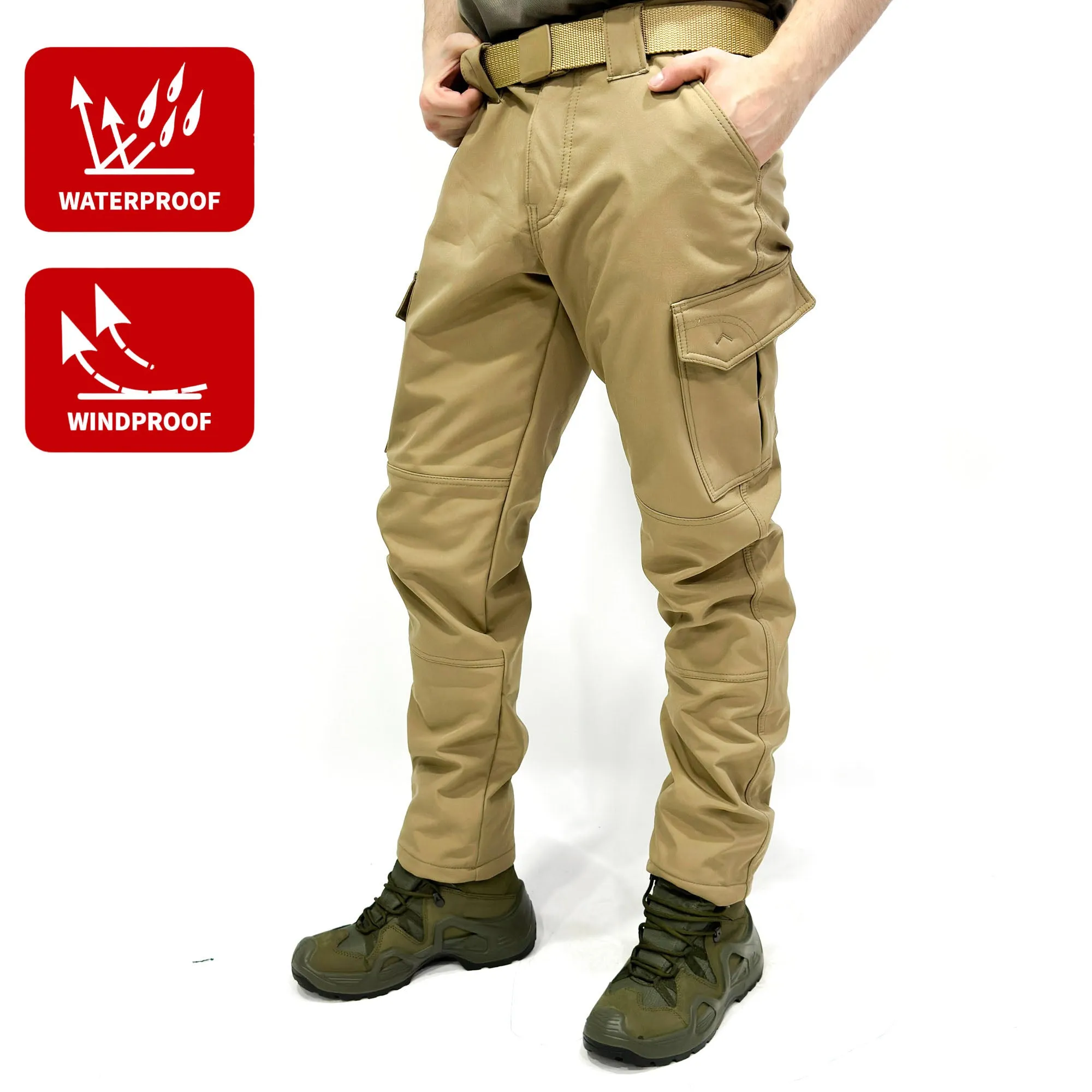 Wind-Waterproof Beige Softshell Pants - Fleece Inside