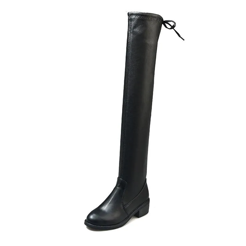 Women's elastic thigh high black boots plush lining knee high boots