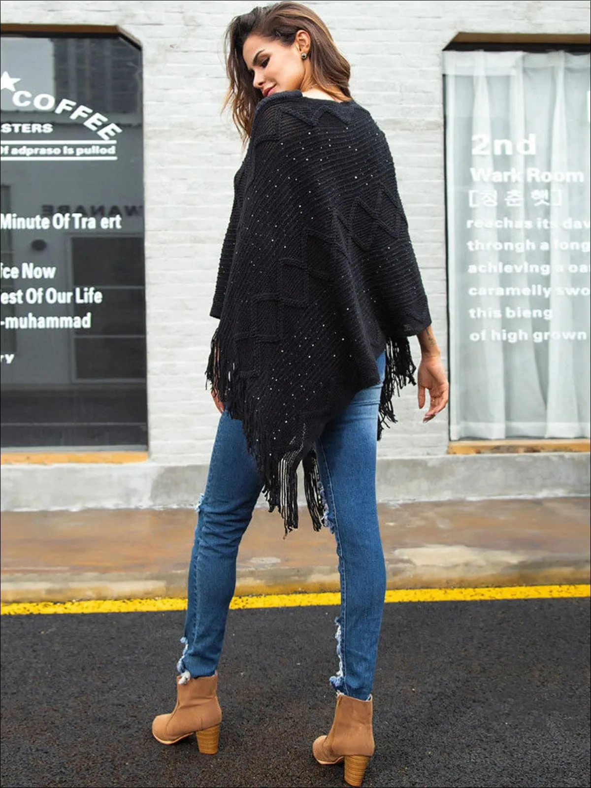 Women's Fall Knit Fringe Poncho