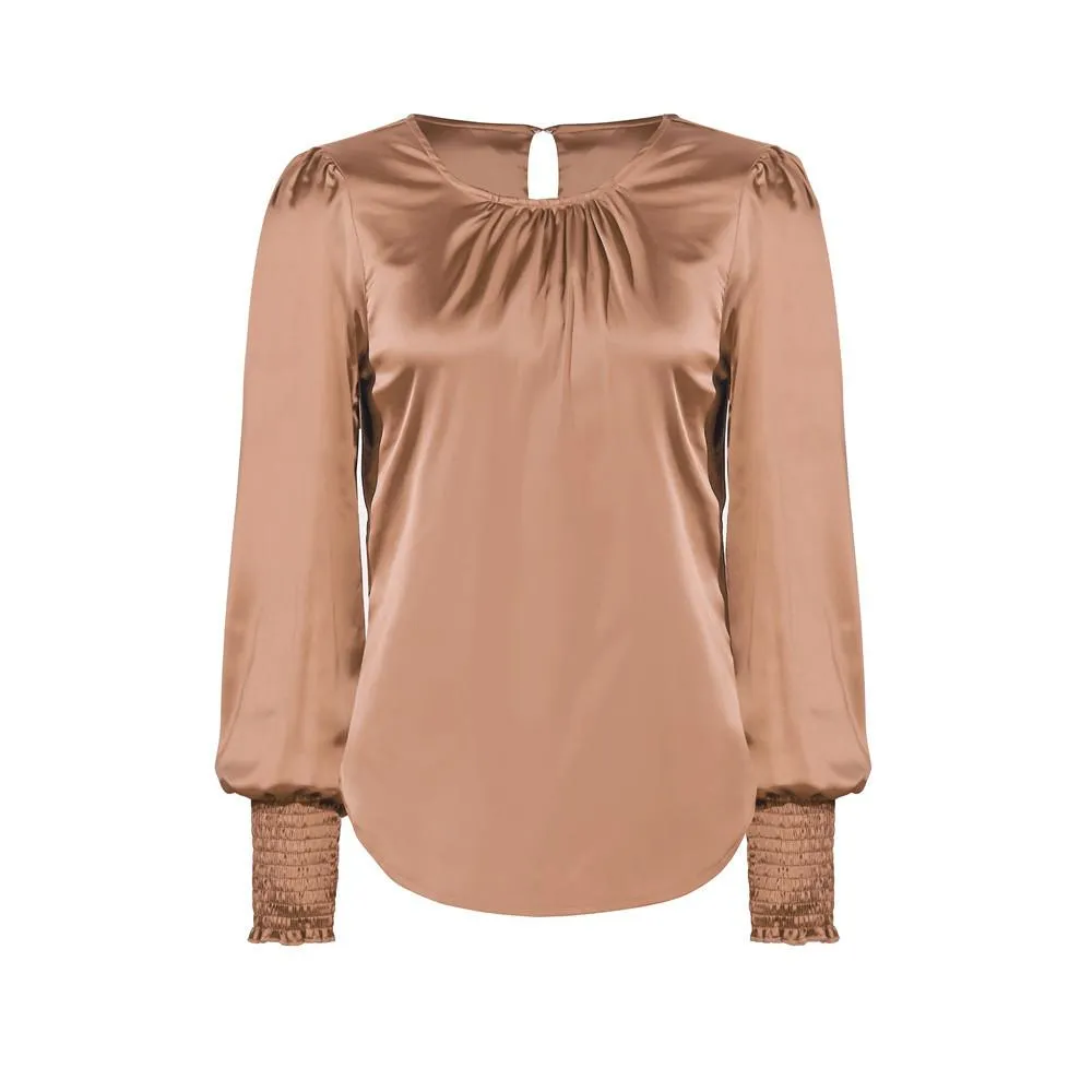 Women's Solid Elegant Round Neck Long Sleeve Work Office Blouse Top